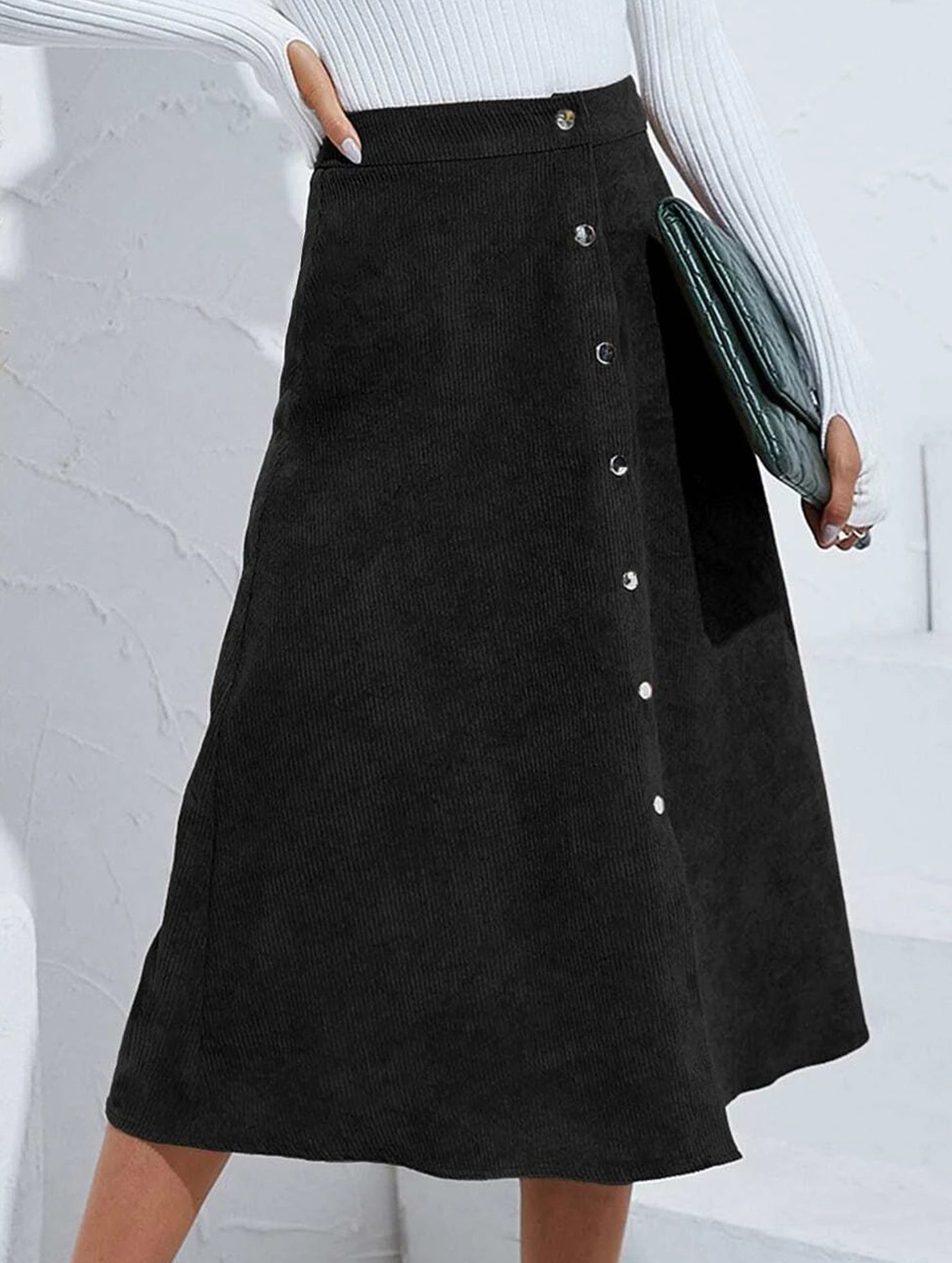 Single-breasted high-waisted corduroy midi skirt