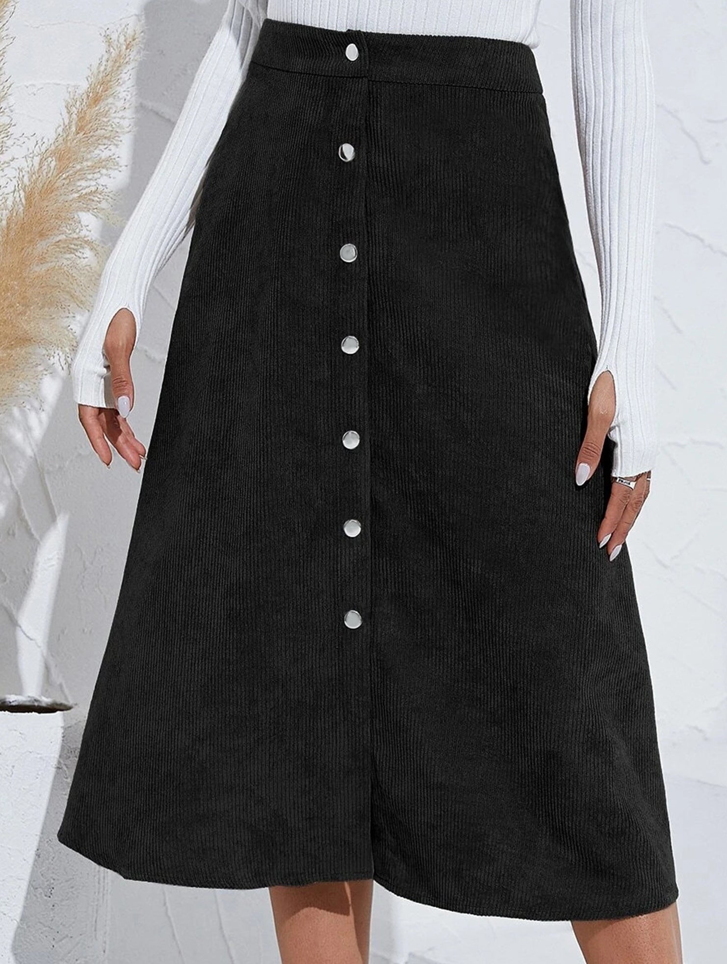 Single-breasted high-waisted corduroy midi skirt