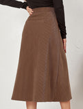 Single-breasted high-waisted corduroy midi skirt