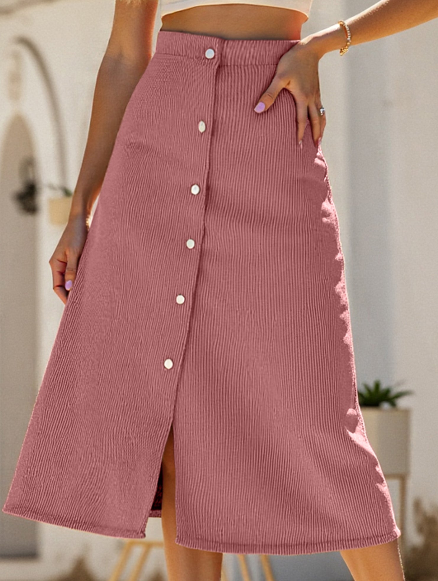 Single-breasted high-waisted corduroy midi skirt