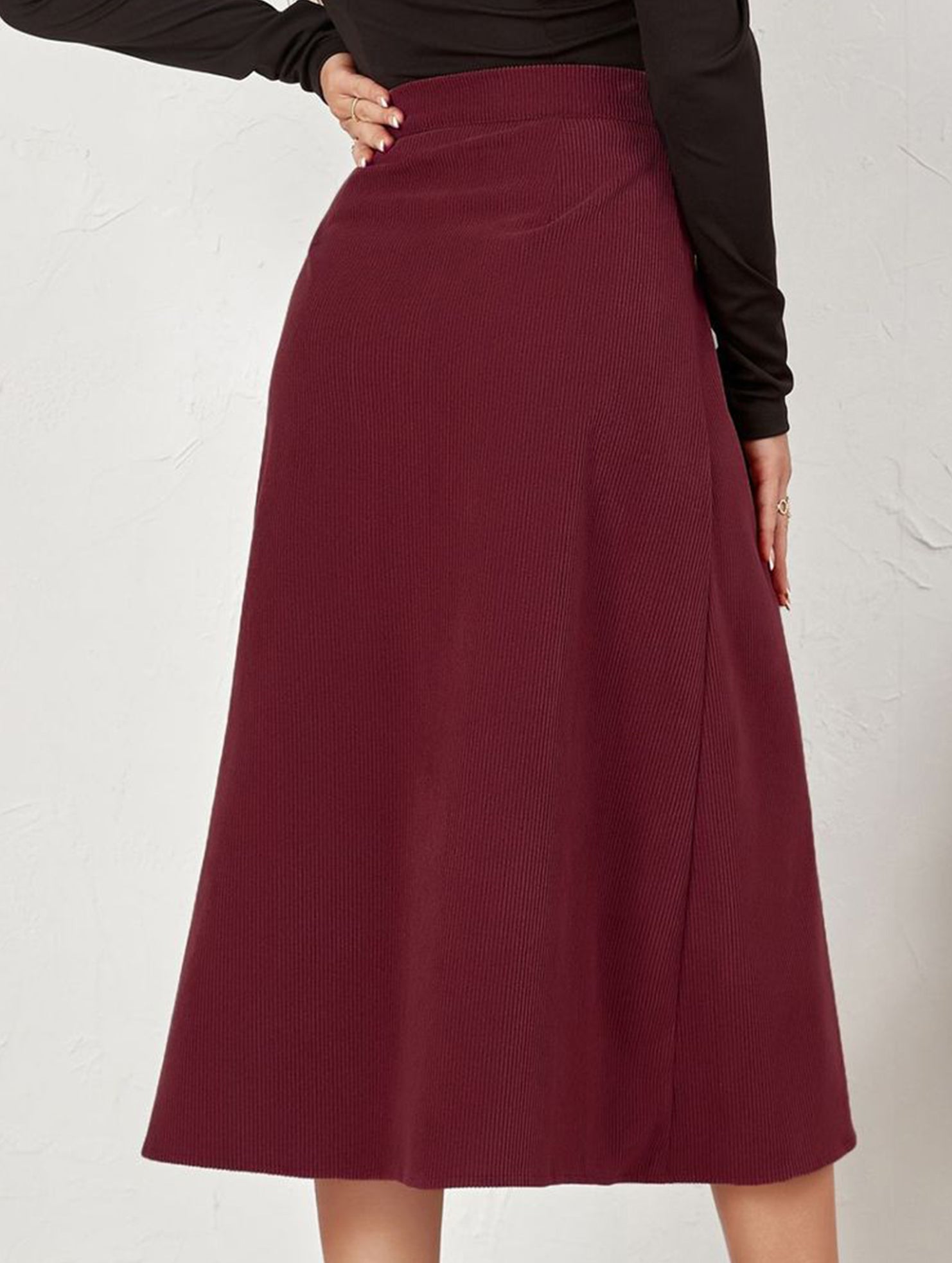 Single-breasted high-waisted corduroy midi skirt