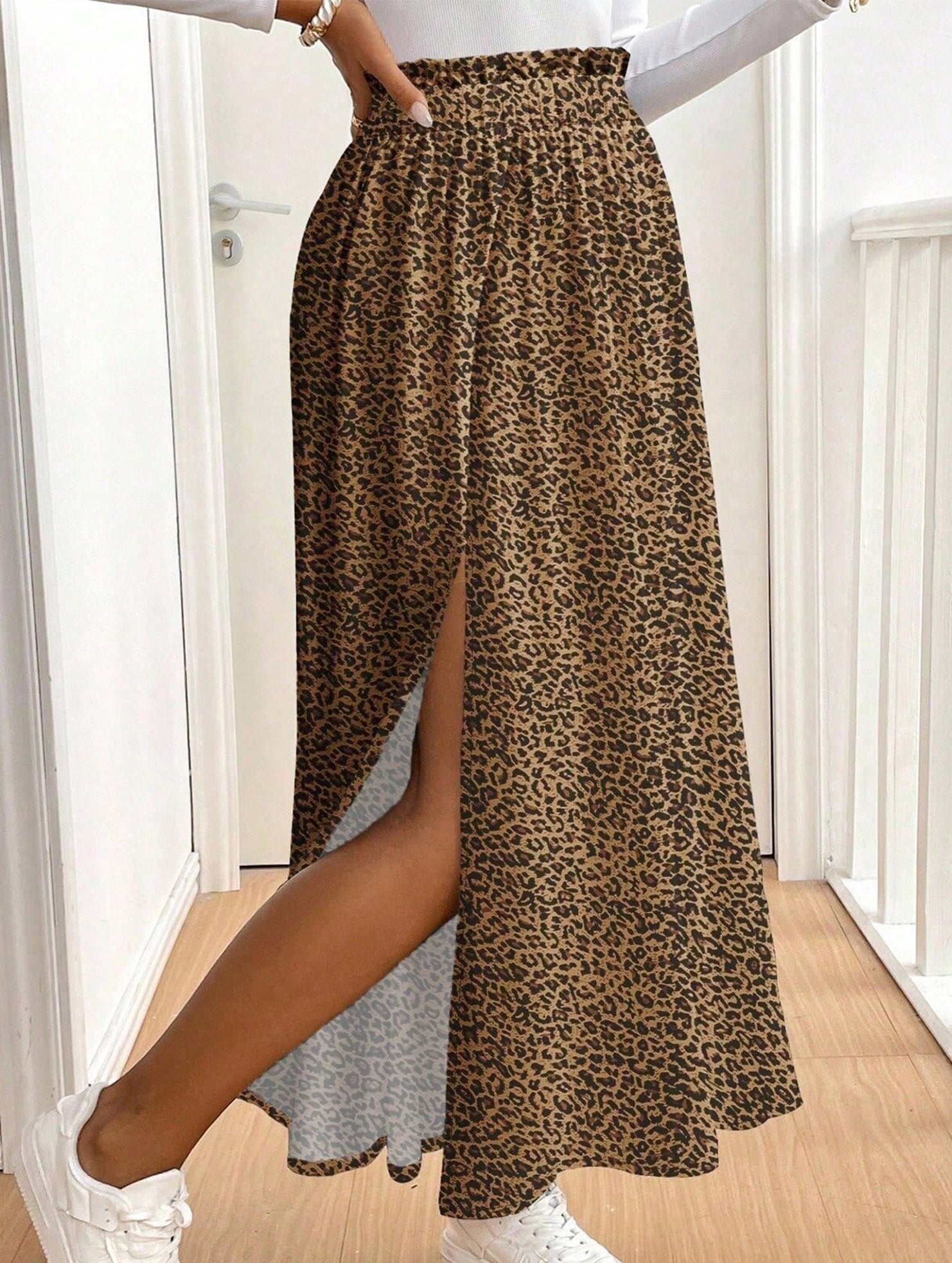 A-line leopard print floral midi skirt with slit