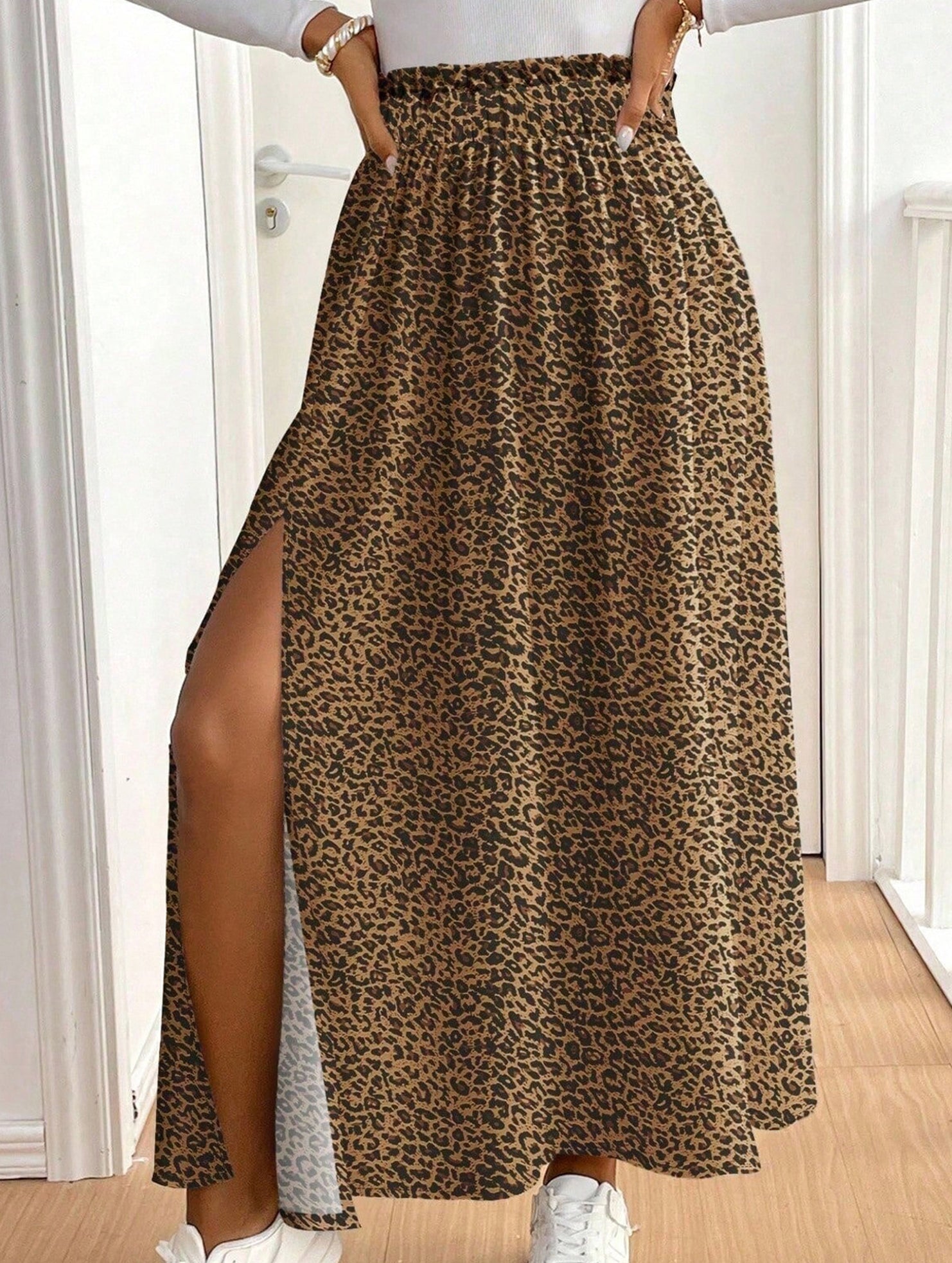 A-line leopard print floral midi skirt with slit