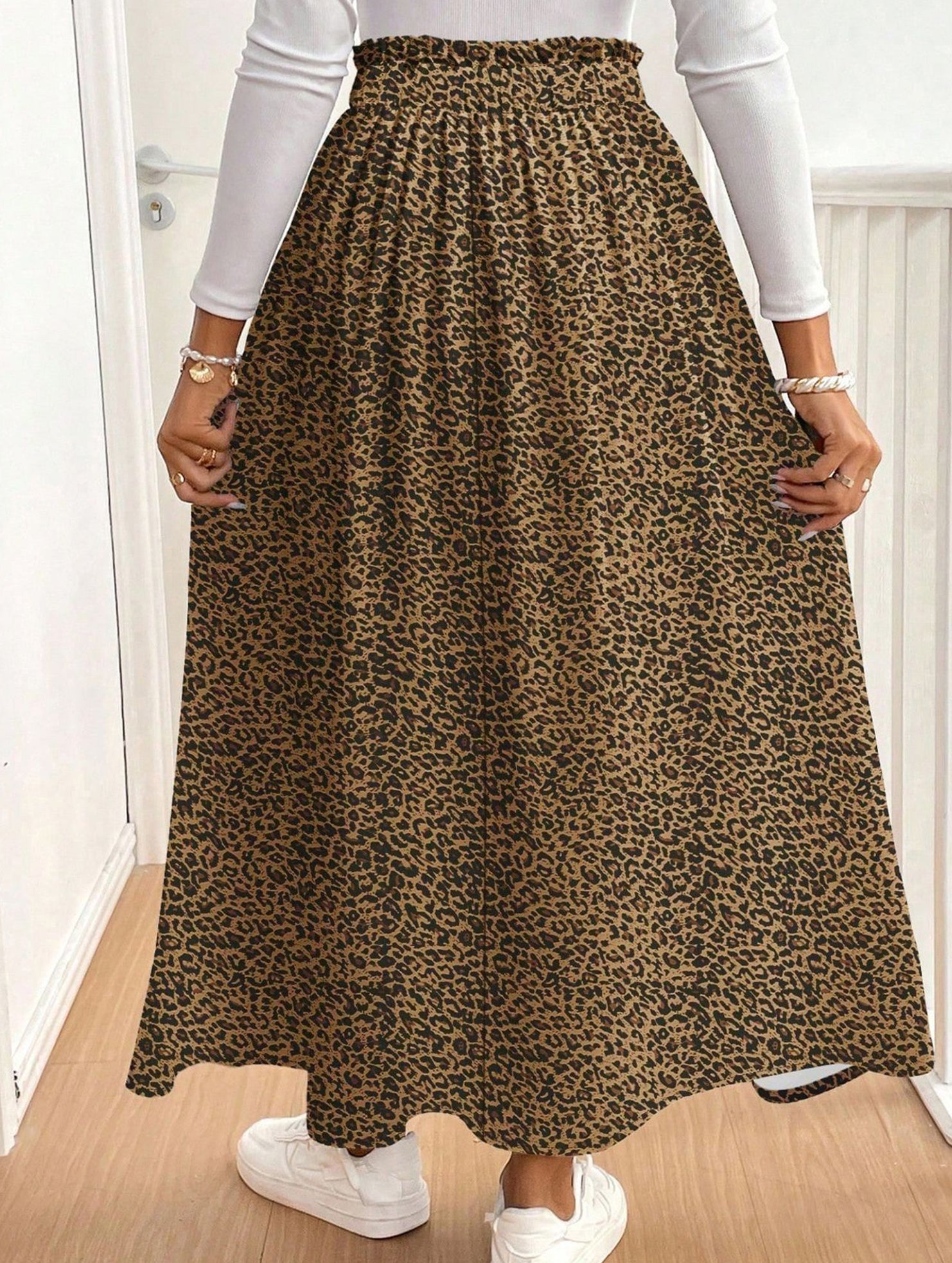 A-line leopard print floral midi skirt with slit