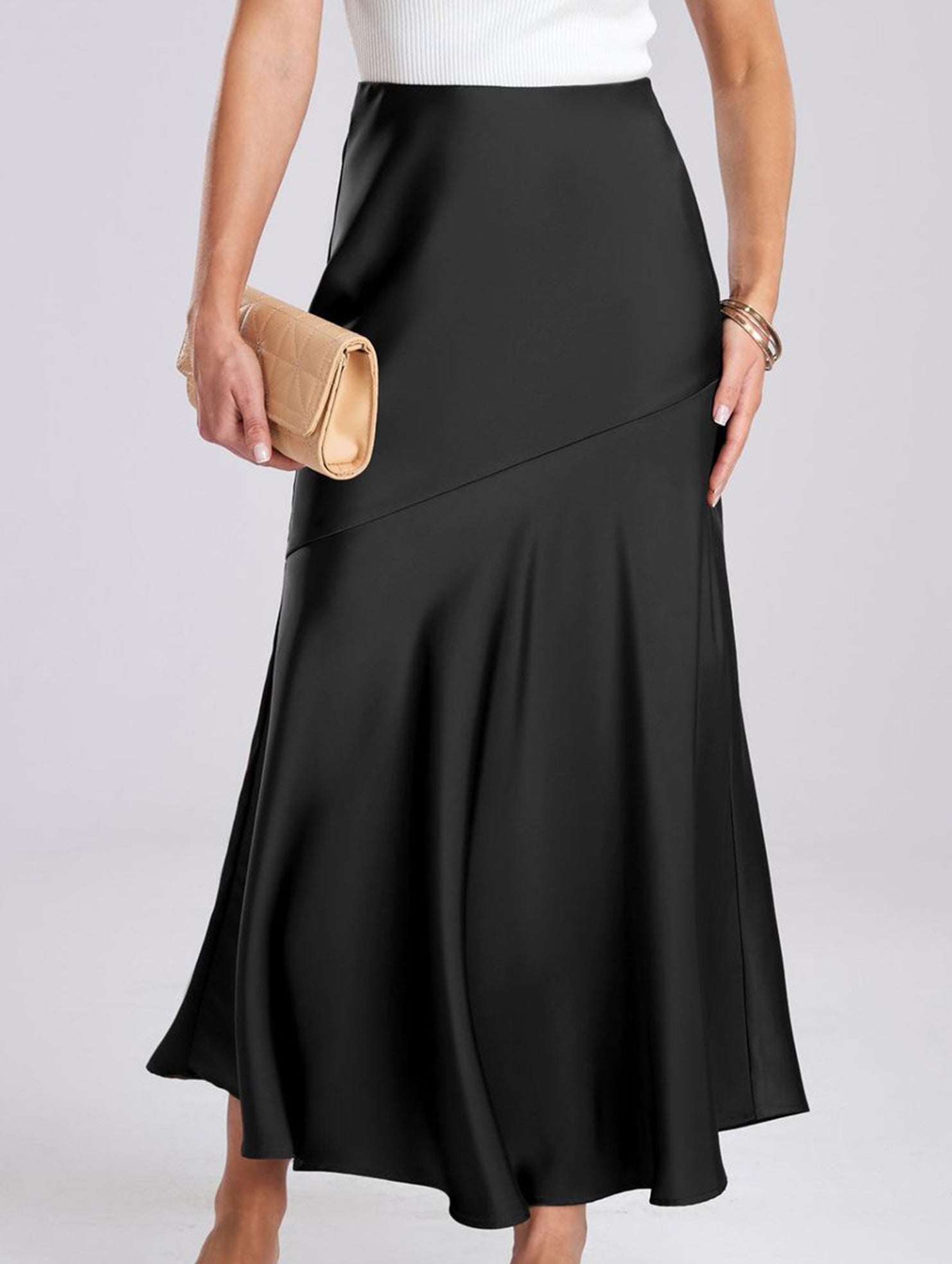 Slim-fitting high-waisted elastic midi skirt