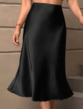 Solid color A-line satin midi skirt