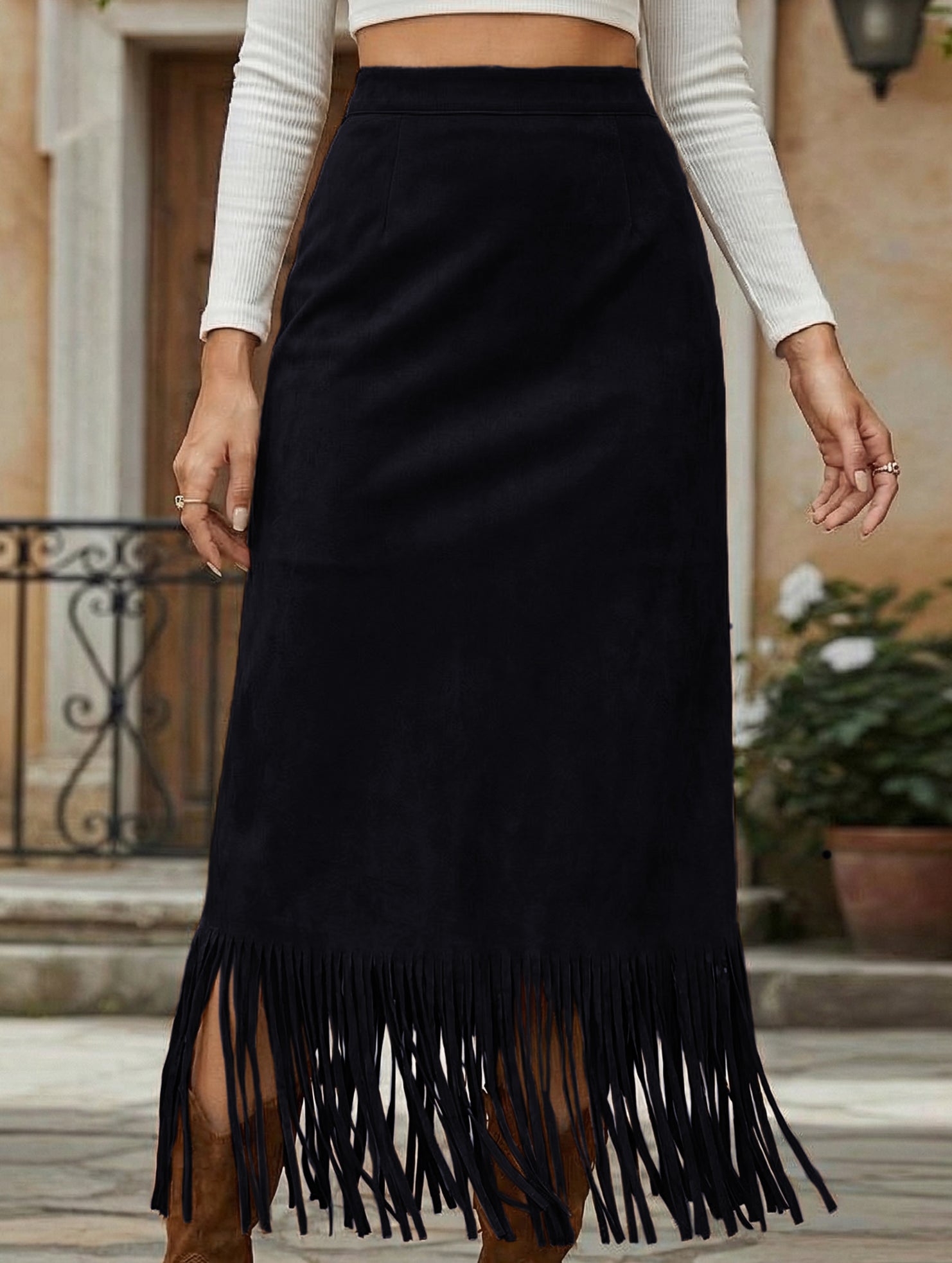 Tassel Long Slim Fit H-line Midi Skirt