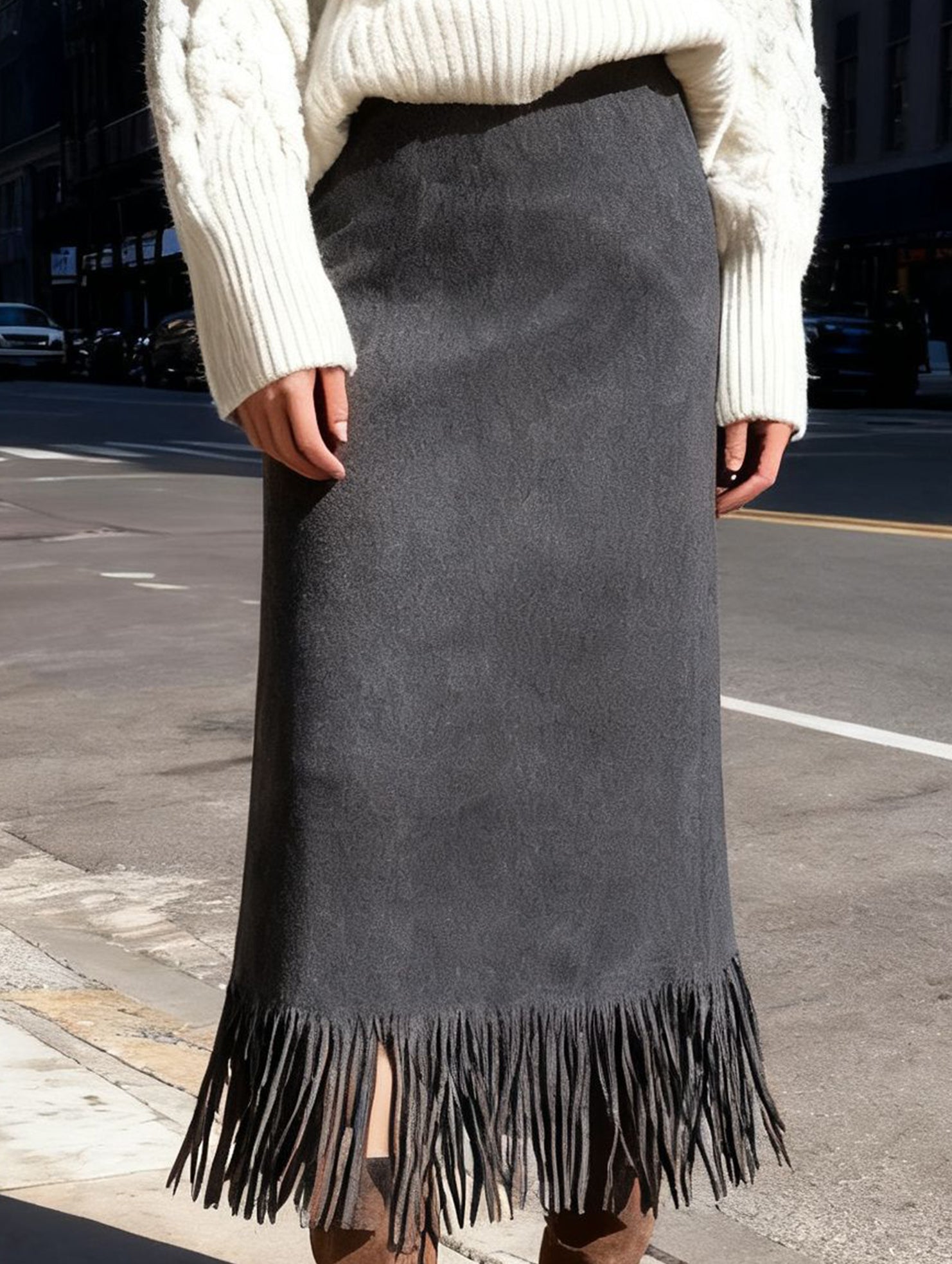Tassel Long Slim Fit H-line Midi Skirt