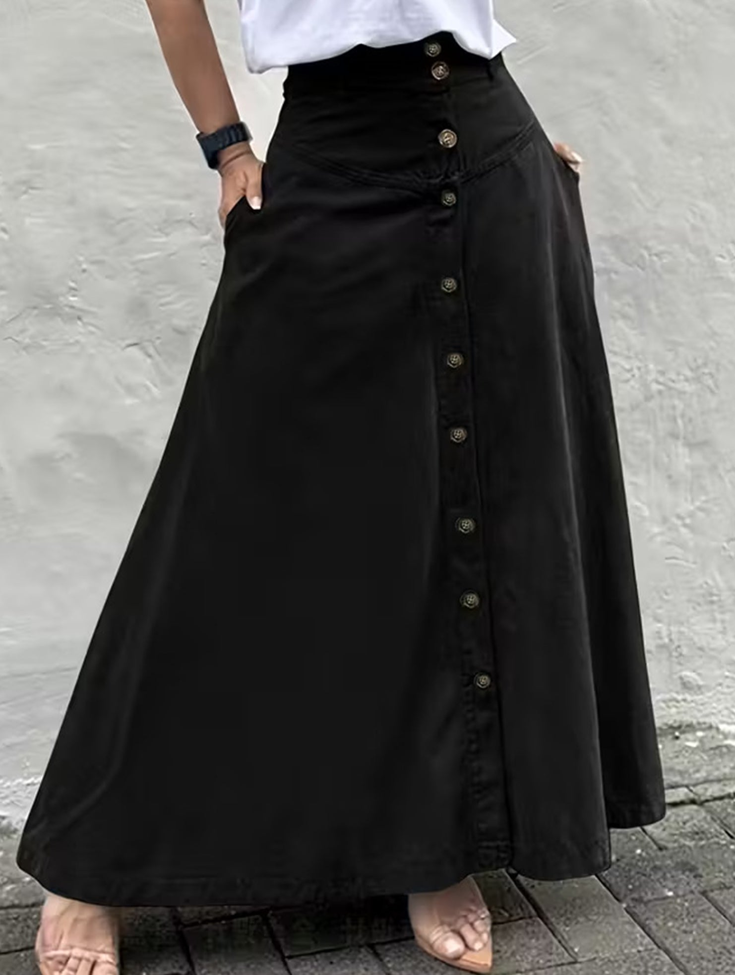 A-line high-waisted midi skirt with button front slit