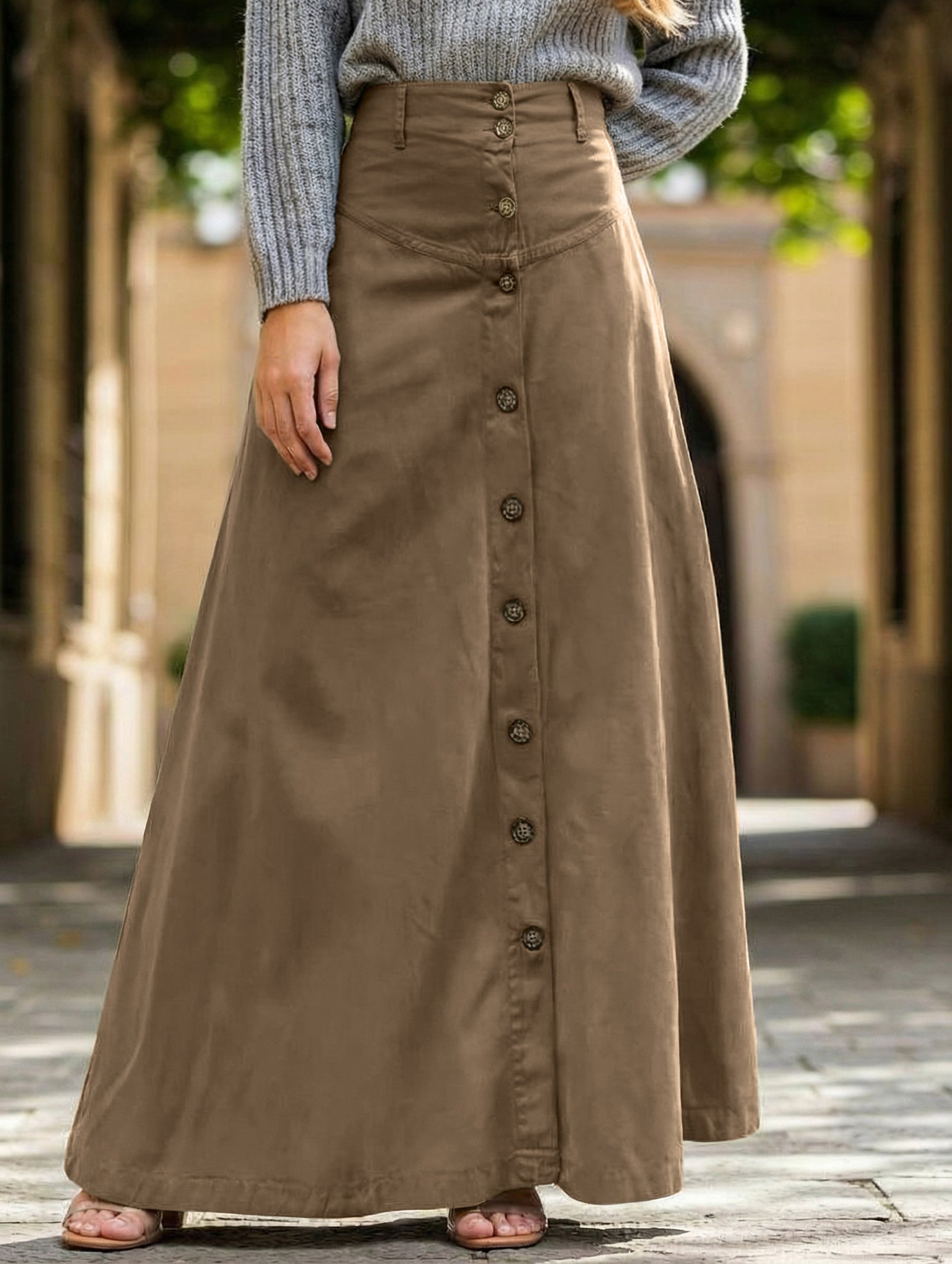 A-line high-waisted midi skirt with button front slit