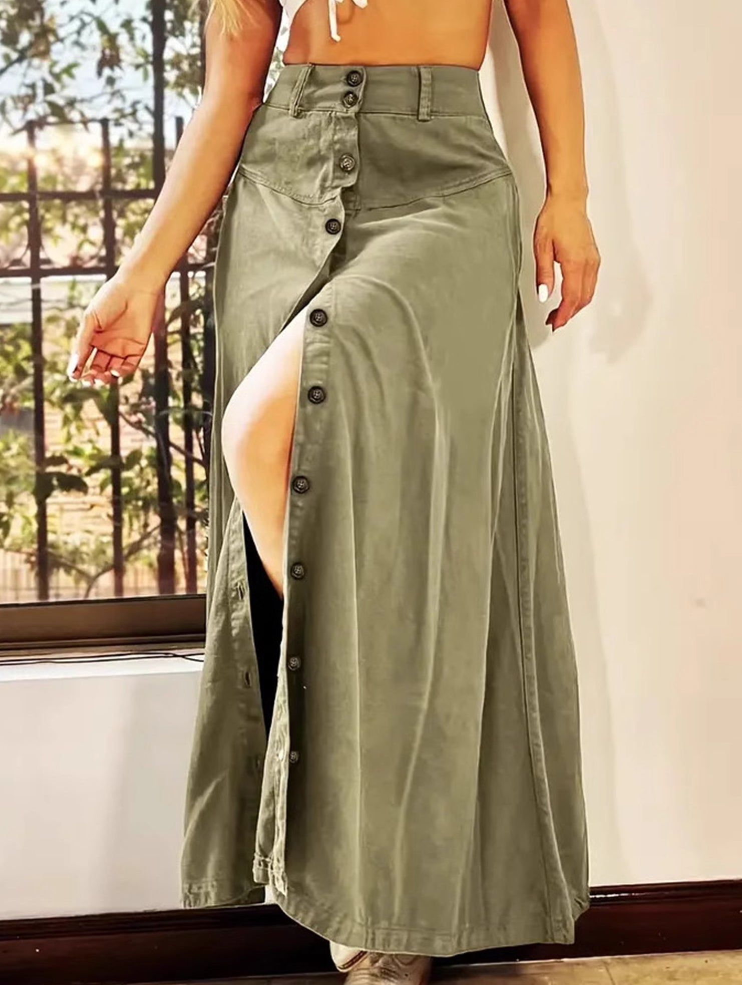 A-line high-waisted midi skirt with button front slit