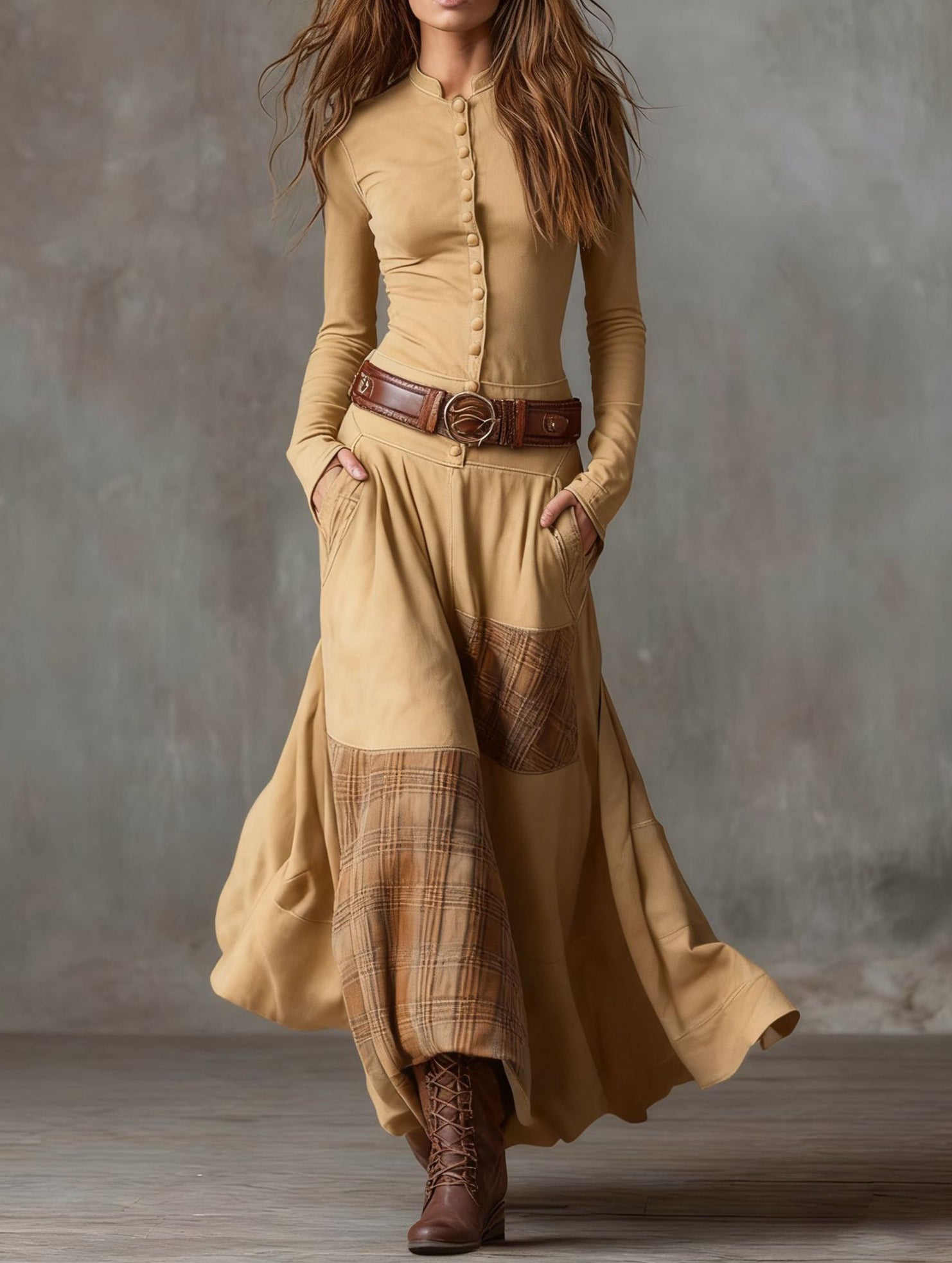 Suede plaid patchwork retro-style dress with belt