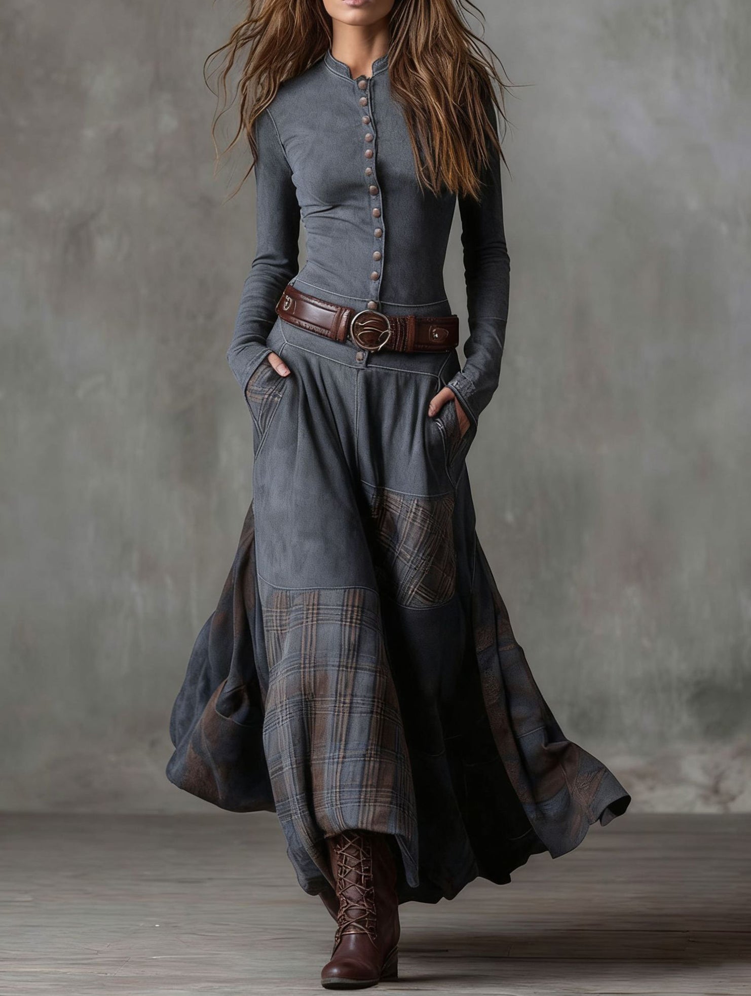 Suede plaid patchwork retro-style dress with belt