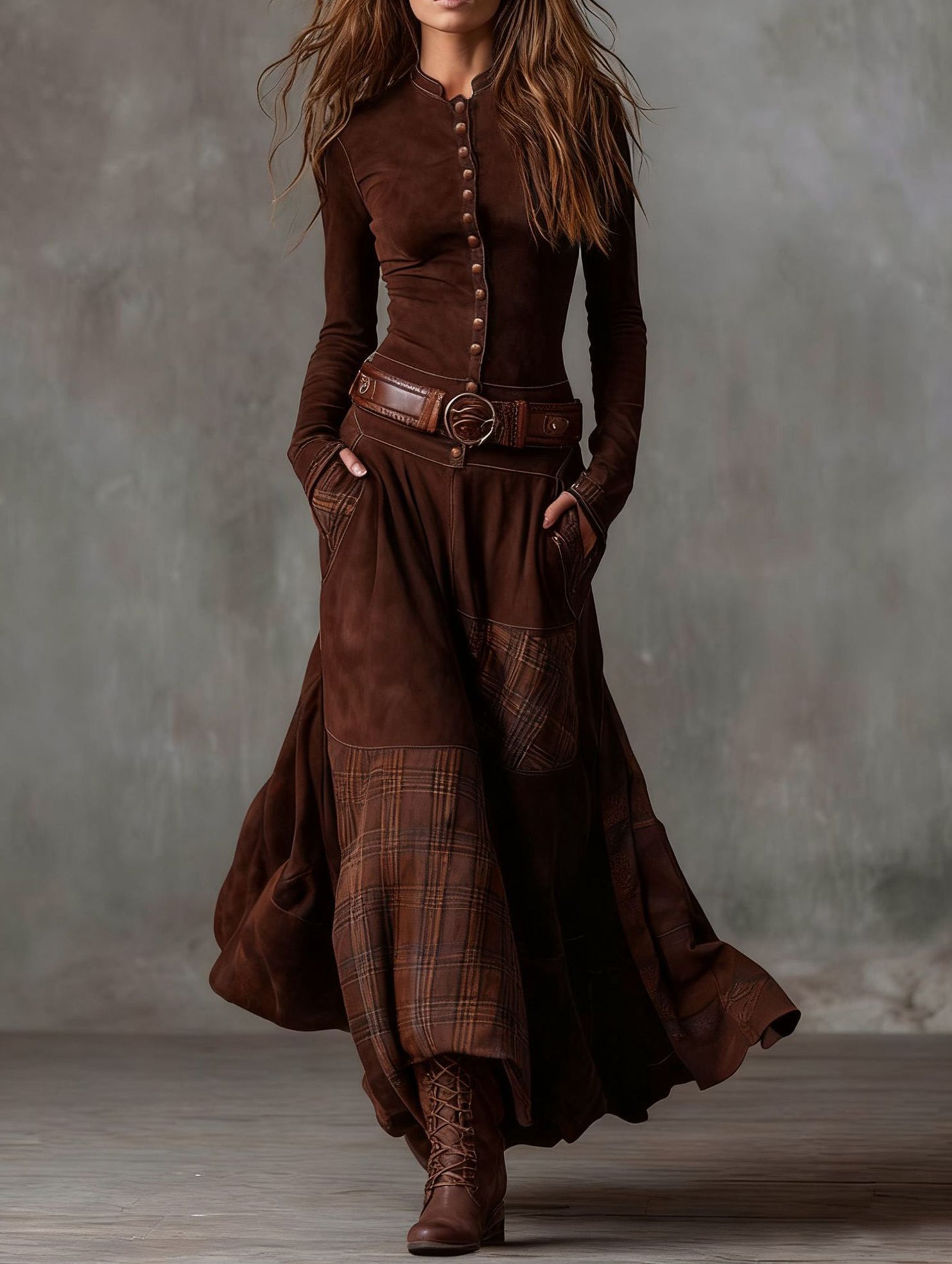Suede plaid patchwork retro-style dress with belt