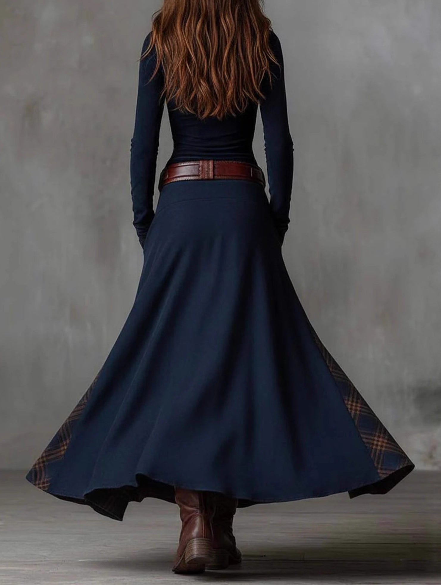 Suede plaid patchwork retro-style dress with belt