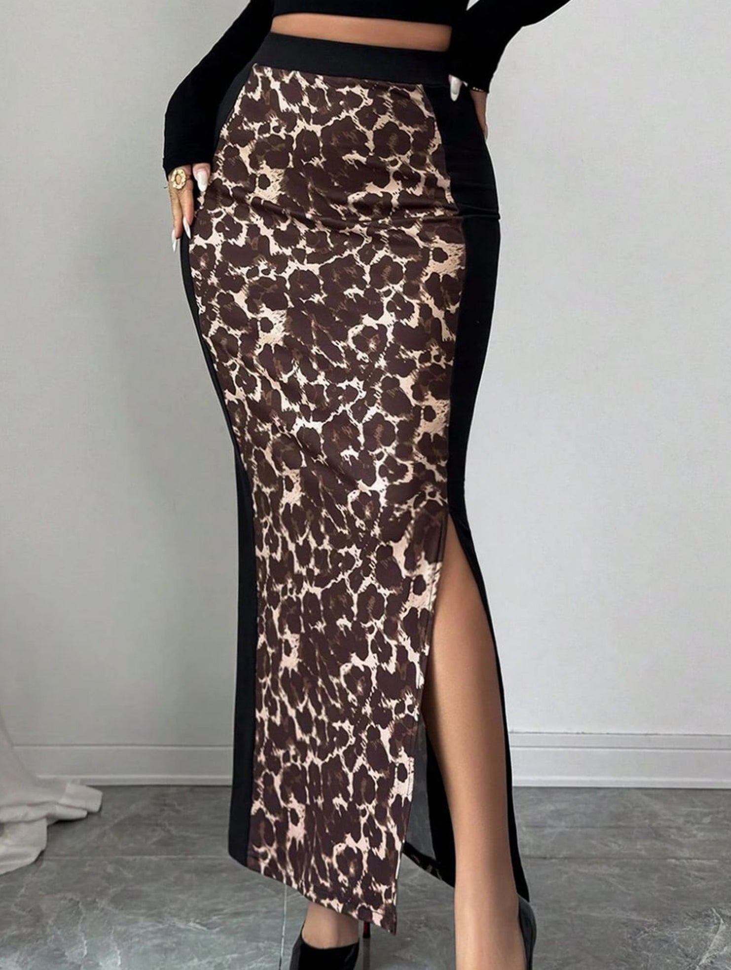 Leopard High Waist Slit Bodycon Skirt_CWBLS00837