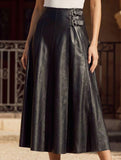 PU Leather Ruched A Line Skirt_CWBLS00850