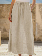 100% Linen High Waist A Line Midi Skirt_CWBLS00853