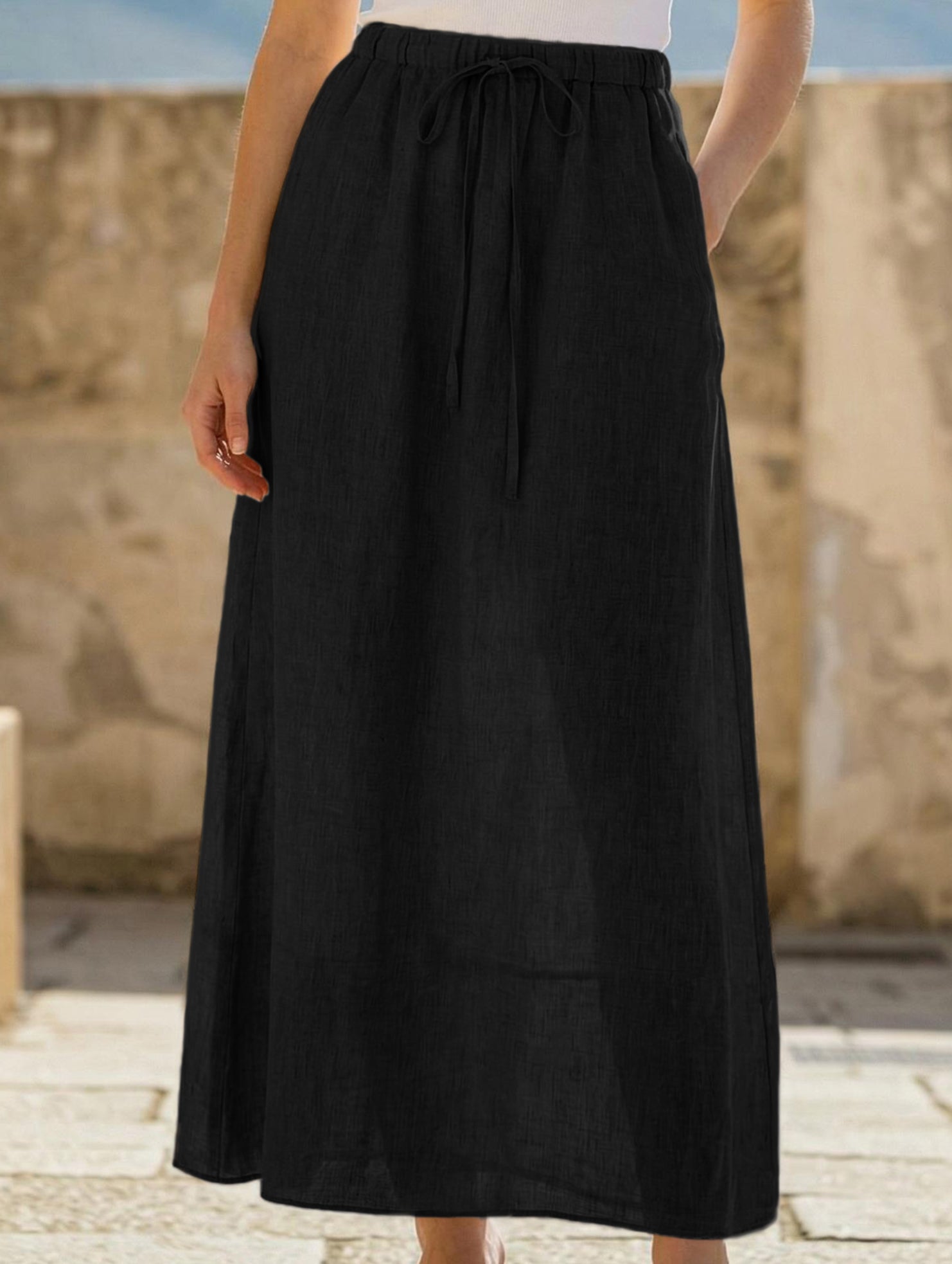 100% Linen High Waist A Line Midi Skirt_CWBLS00853