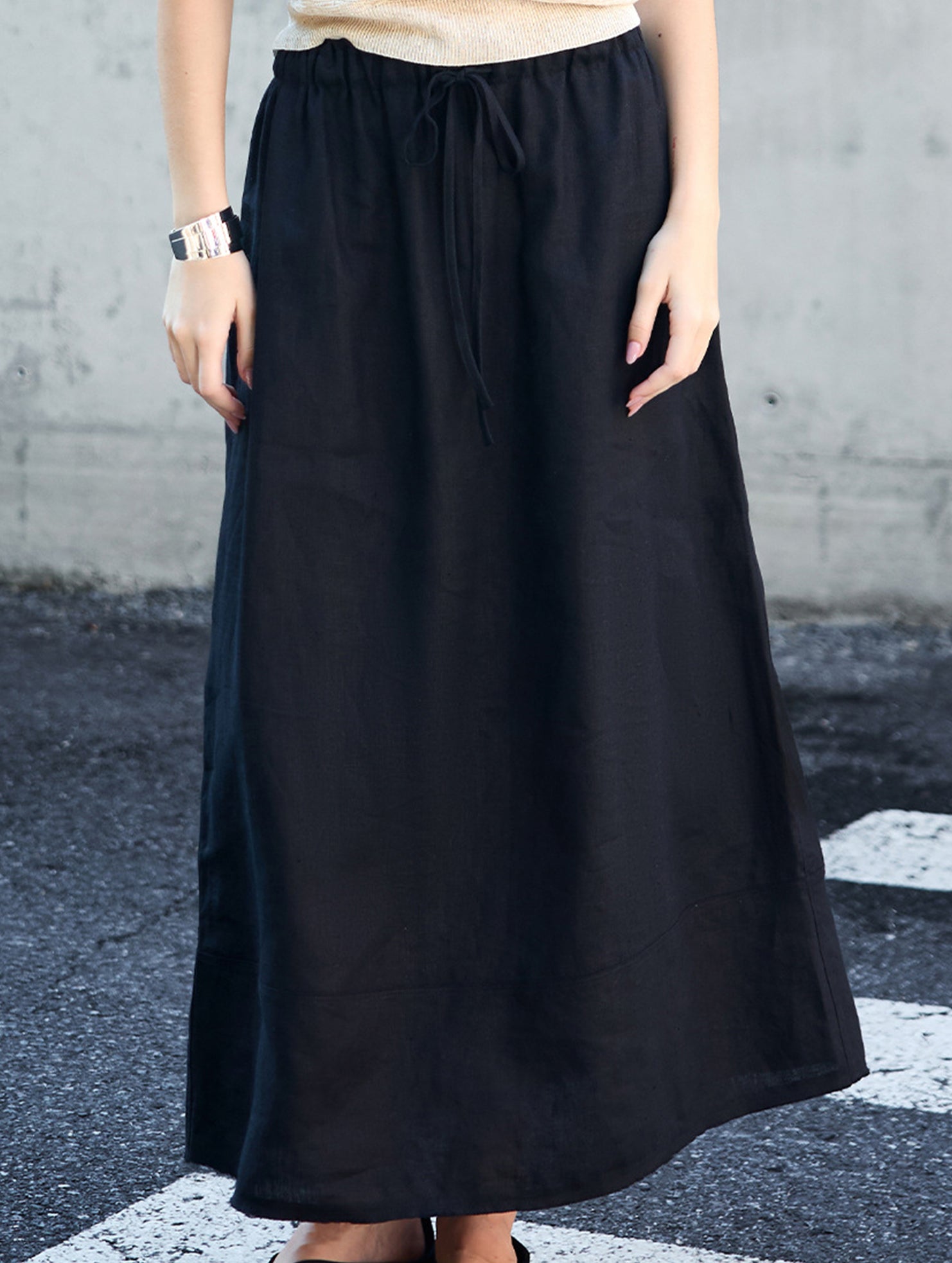 100% Linen High Waist A Line Midi Skirt_CWBLS00853