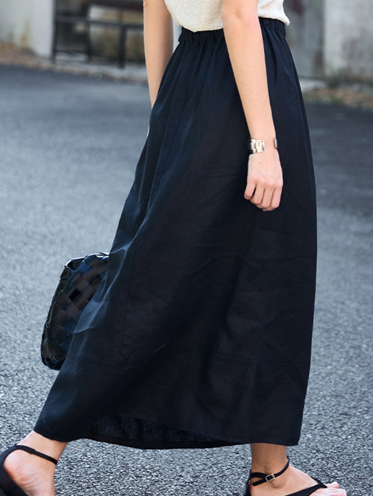 100% Linen High Waist A Line Midi Skirt_CWBLS00853