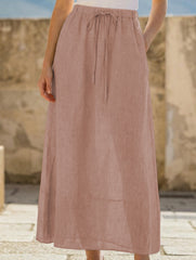 100% Linen High Waist A Line Midi Skirt_CWBLS00853