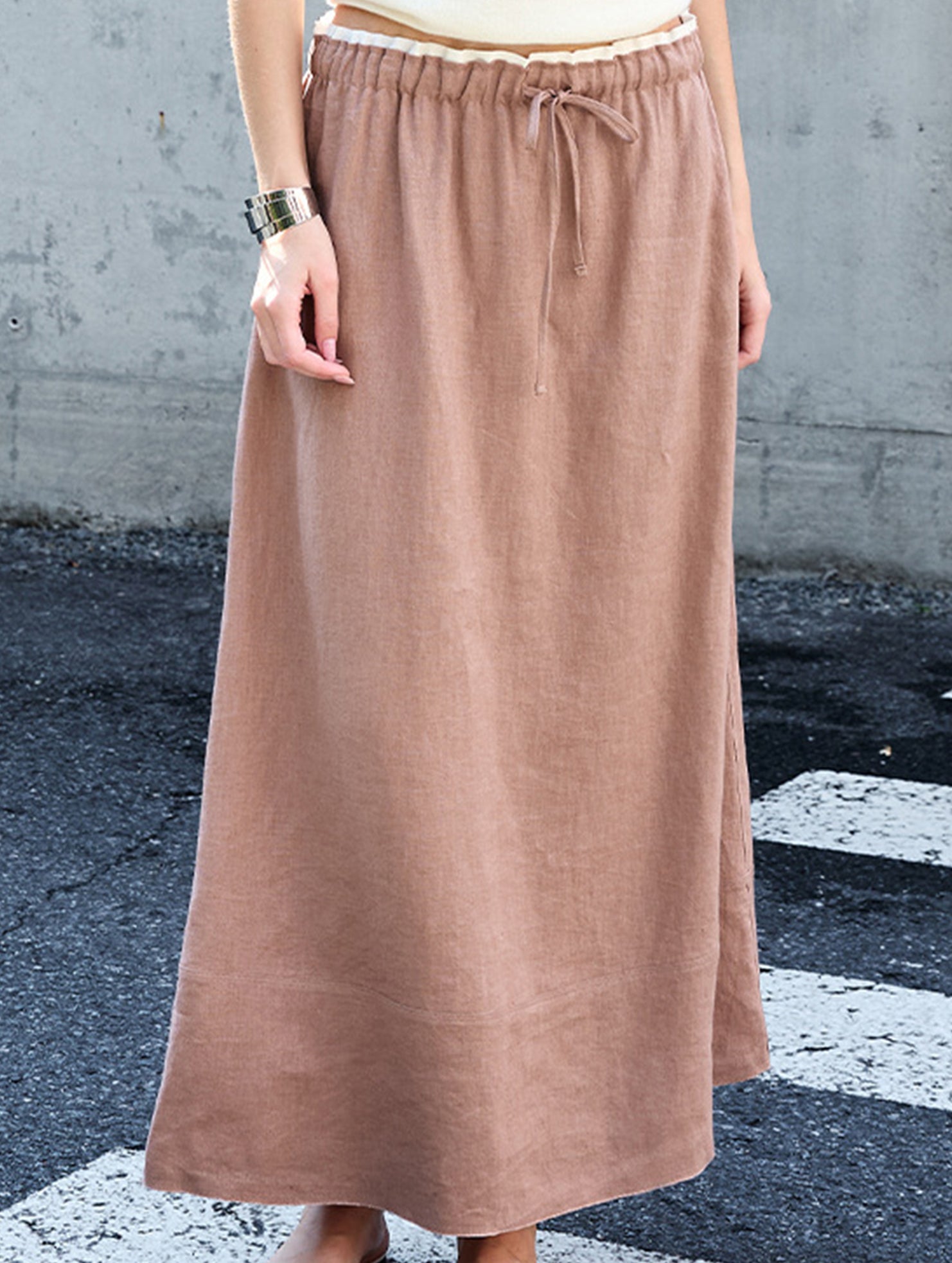 100% Linen High Waist A Line Midi Skirt_CWBLS00853