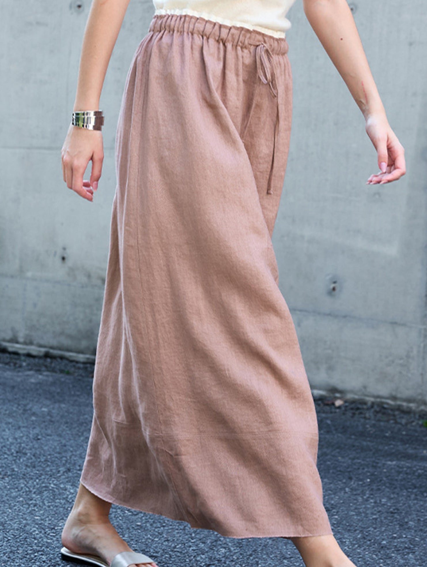 100% Linen High Waist A Line Midi Skirt_CWBLS00853