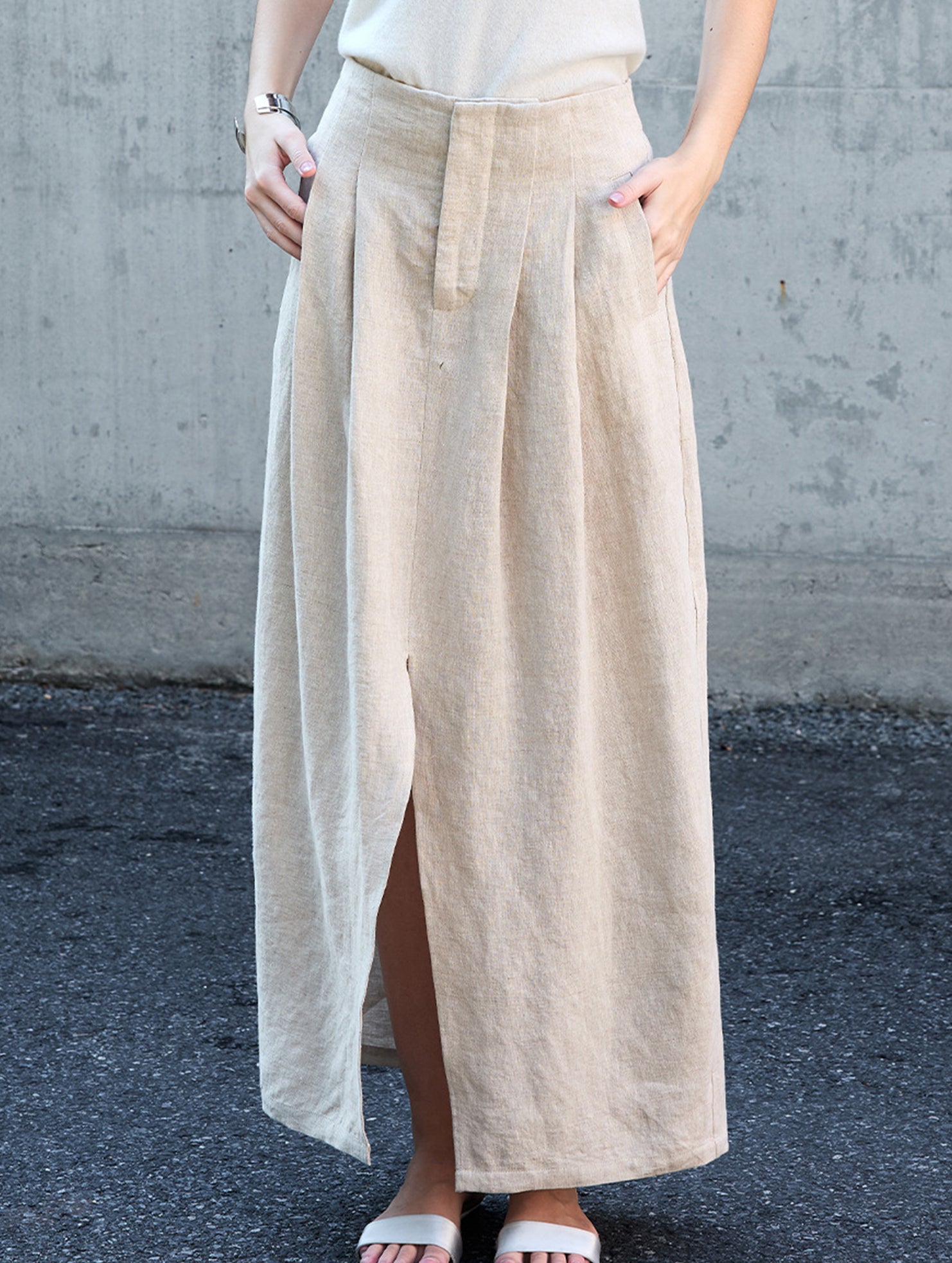 Pure Linen Front Slit Midi Skirt_CWBLS00855