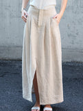 Pure Linen Front Slit Midi Skirt_CWBLS00855
