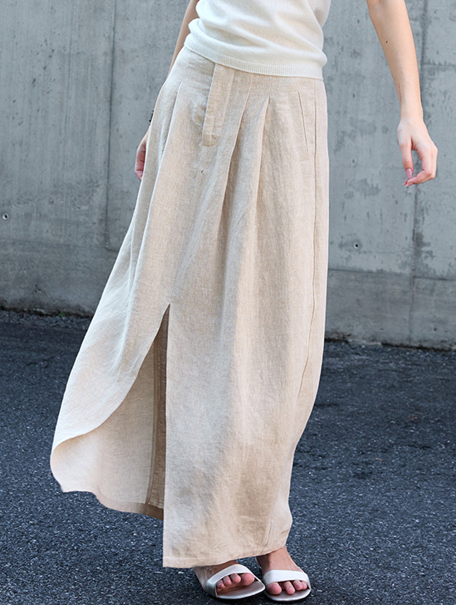 Pure Linen Front Slit Midi Skirt_CWBLS00855