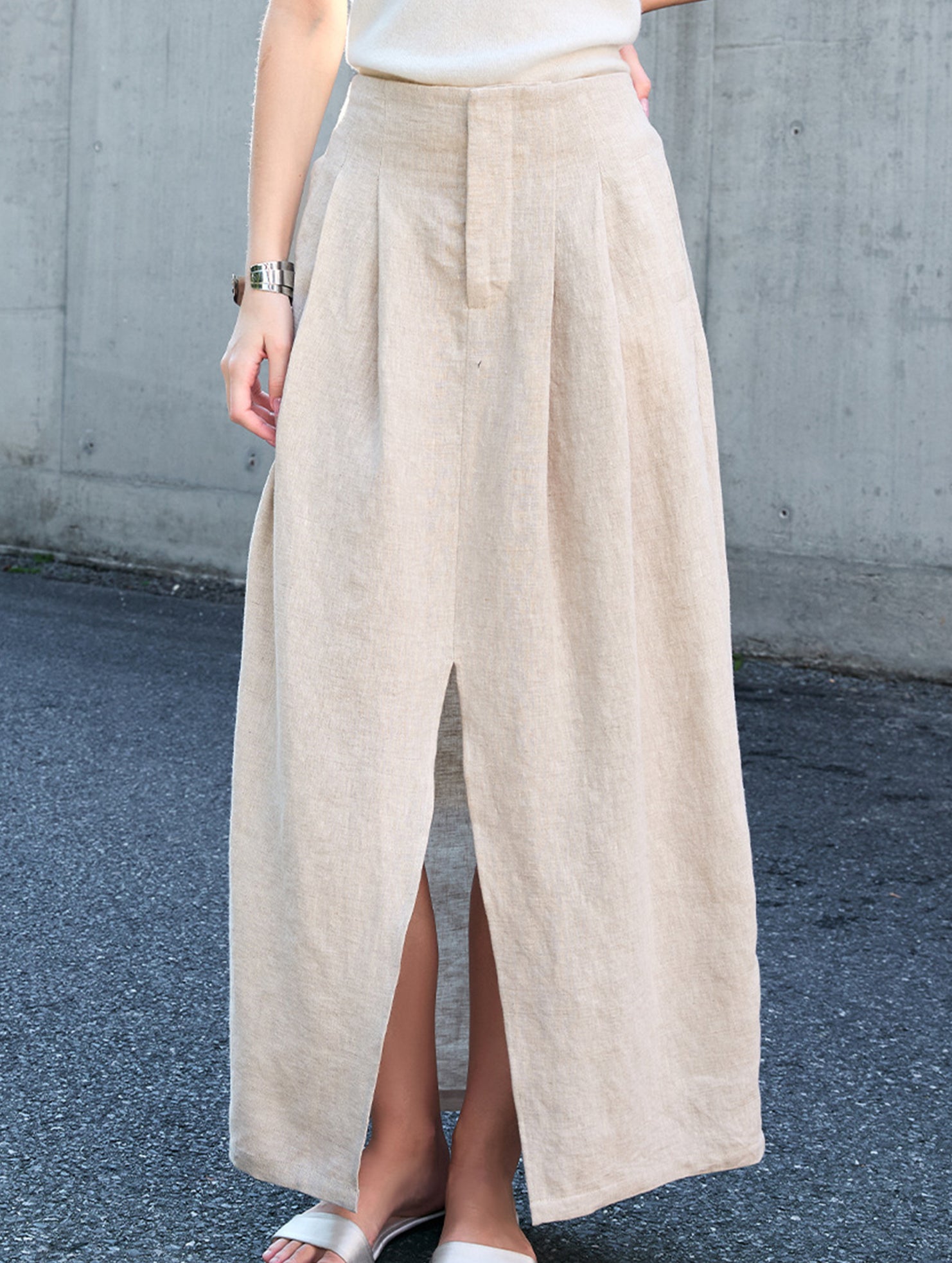Pure Linen Front Slit Midi Skirt_CWBLS00855