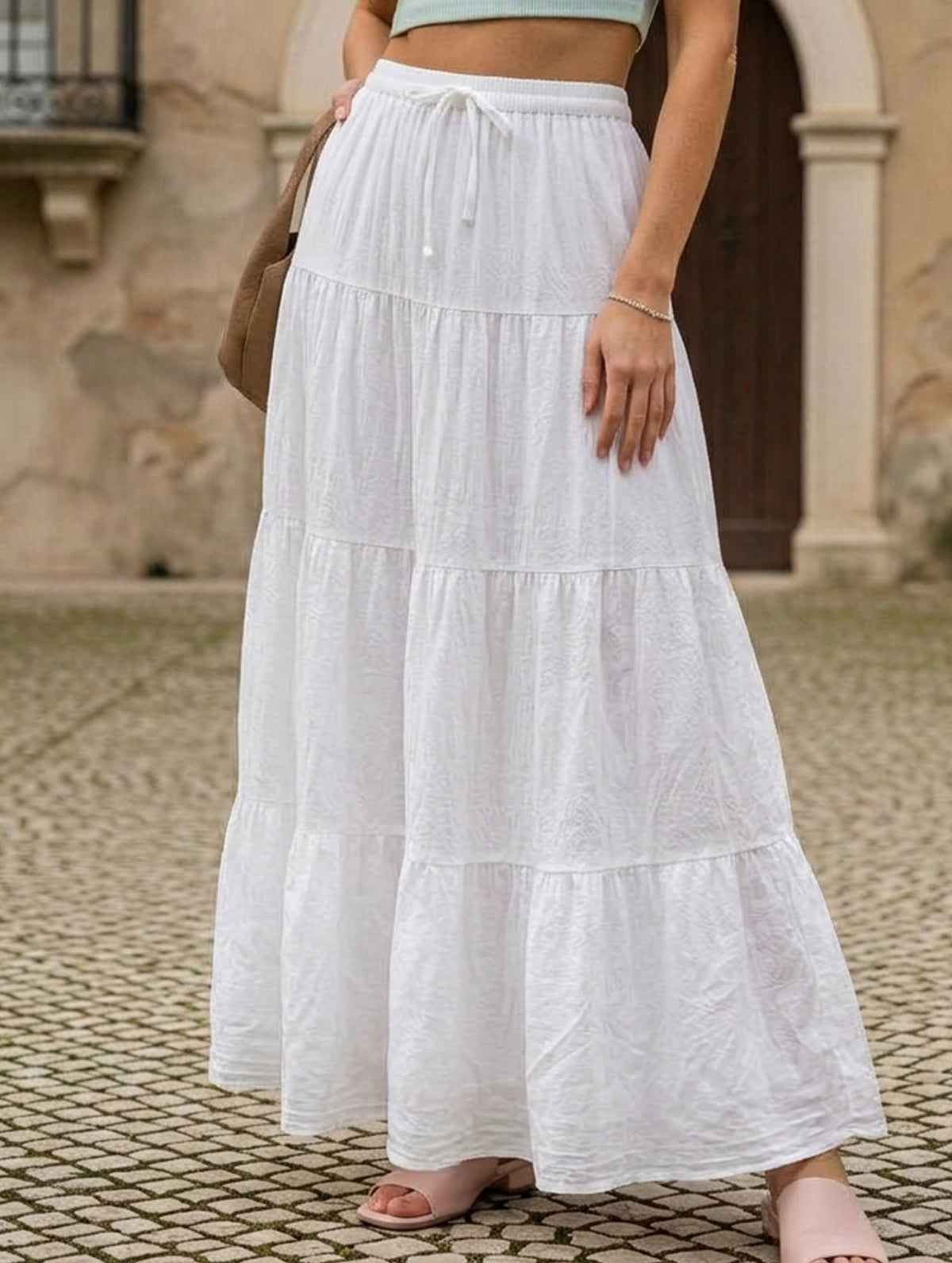 White Ruched Drawstring Maxi Skirt