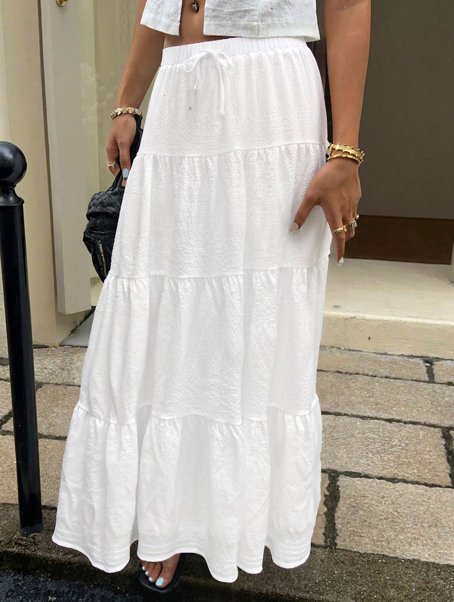 White Ruched Drawstring Maxi Skirt