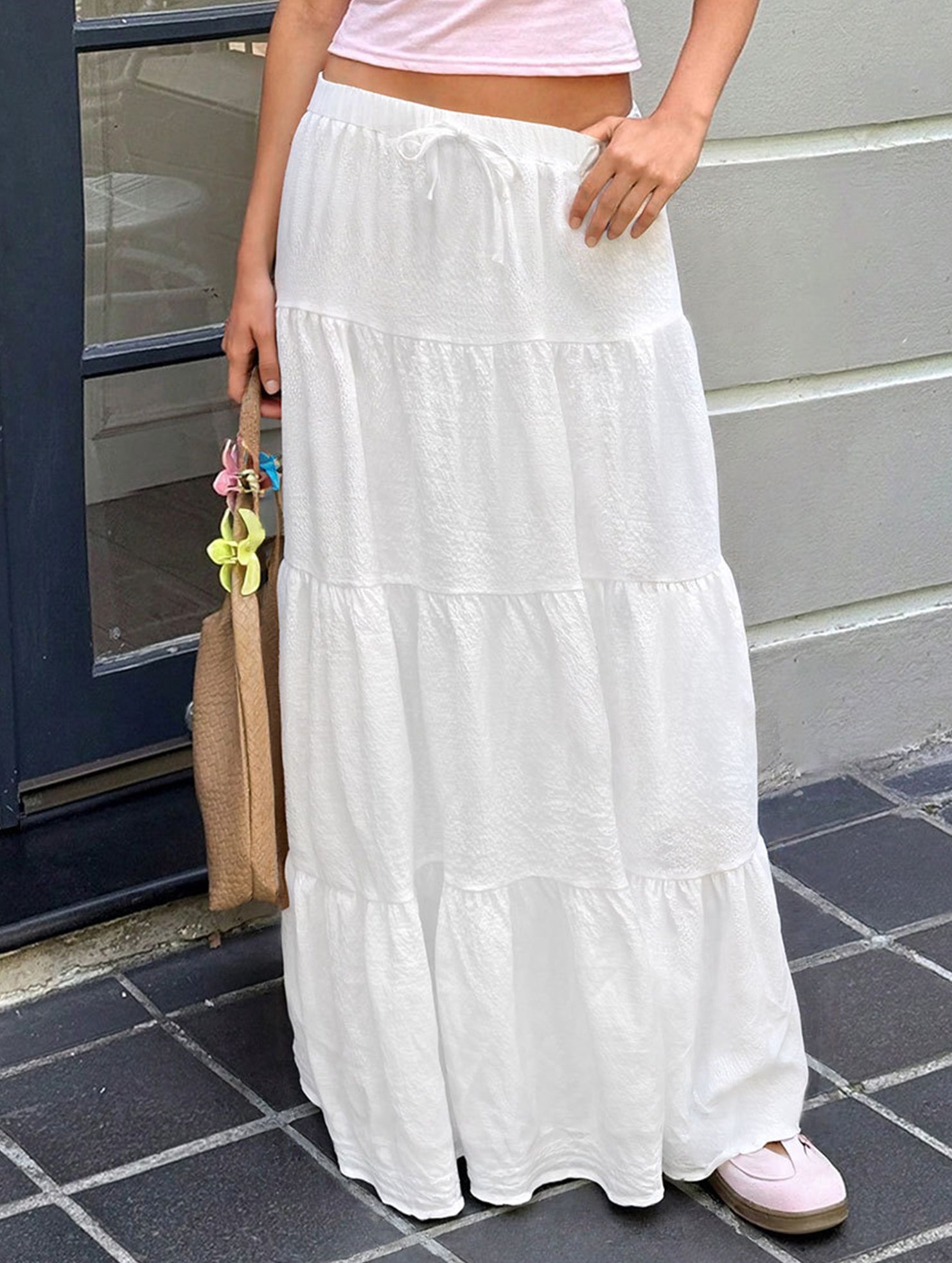 White Ruched Drawstring Maxi Skirt
