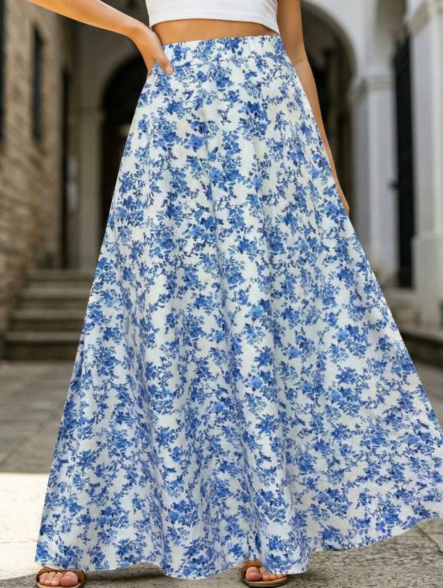 Printed Elegant Flare Midi Skirt