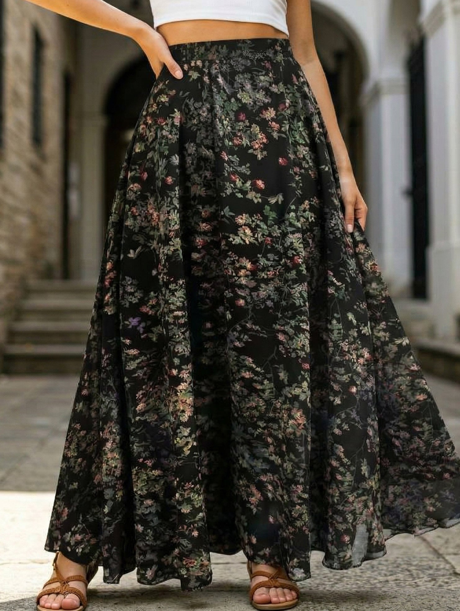 Printed Elegant Flare Midi Skirt