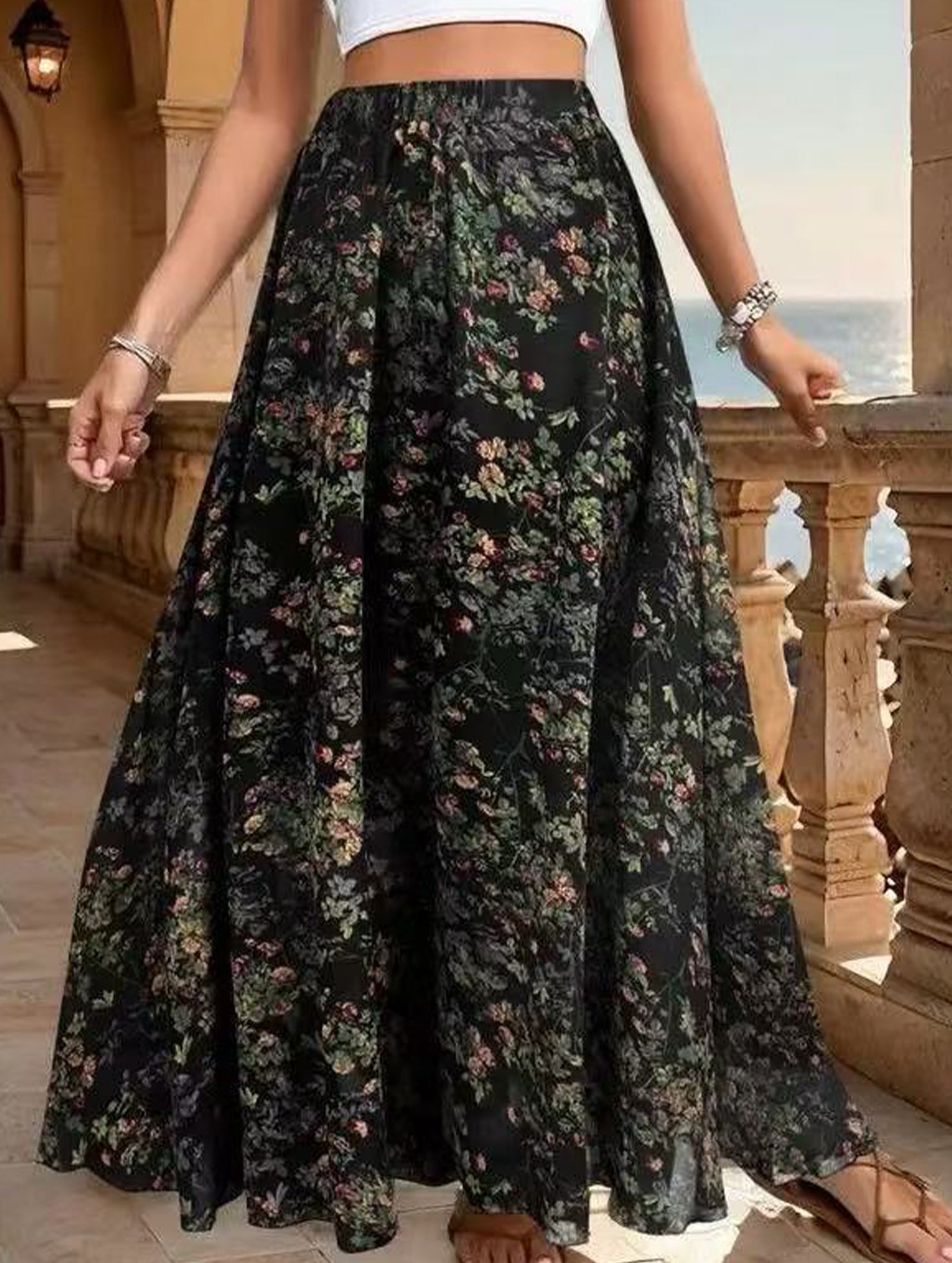 Printed Elegant Flare Midi Skirt