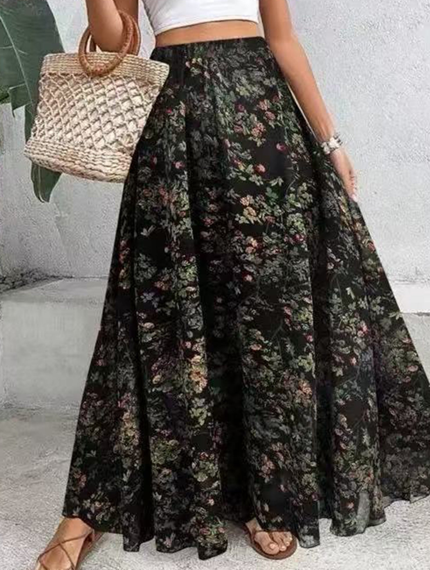 Printed Elegant Flare Midi Skirt