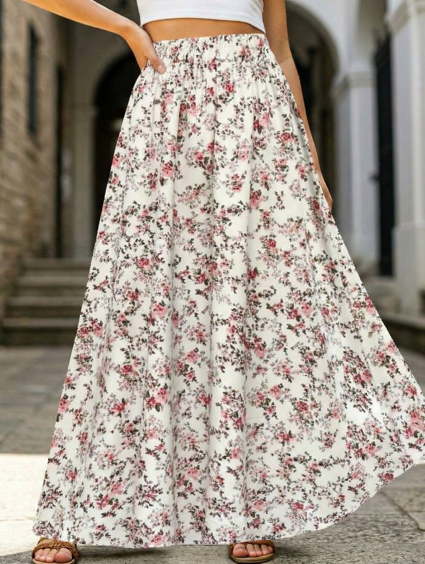 Printed Elegant Flare Midi Skirt