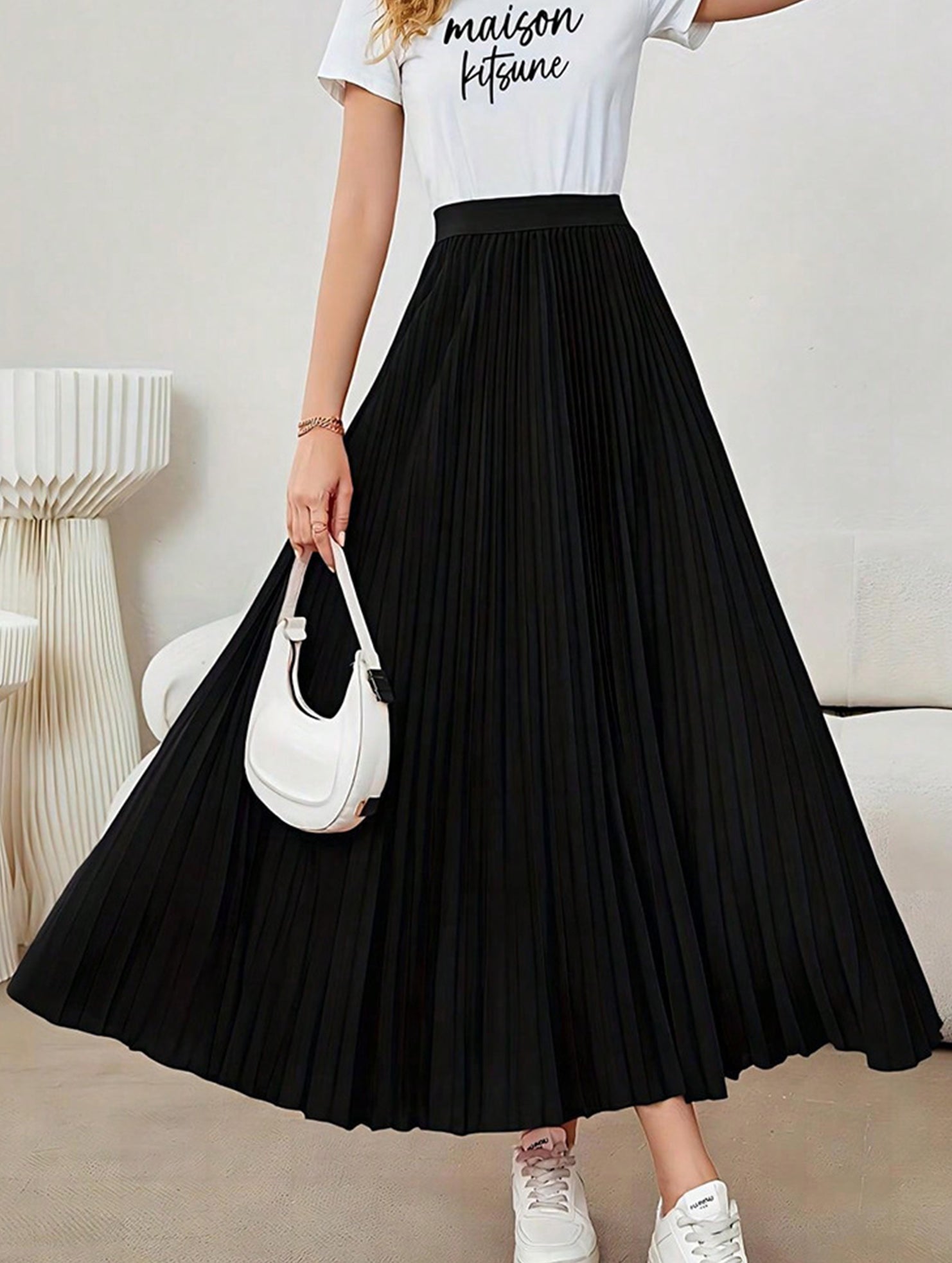 Pleated Flare A Line Midi Skirt