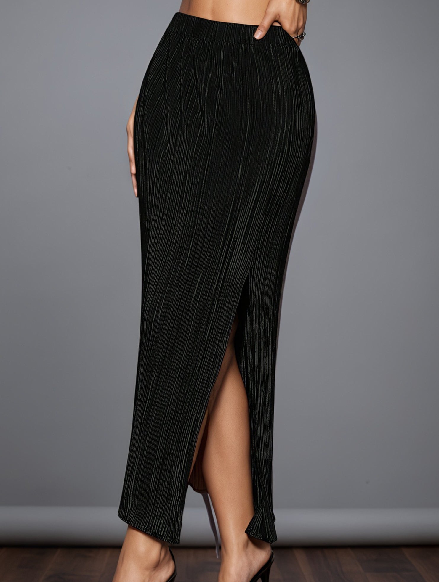 High Waist Slit Pleated Skirt