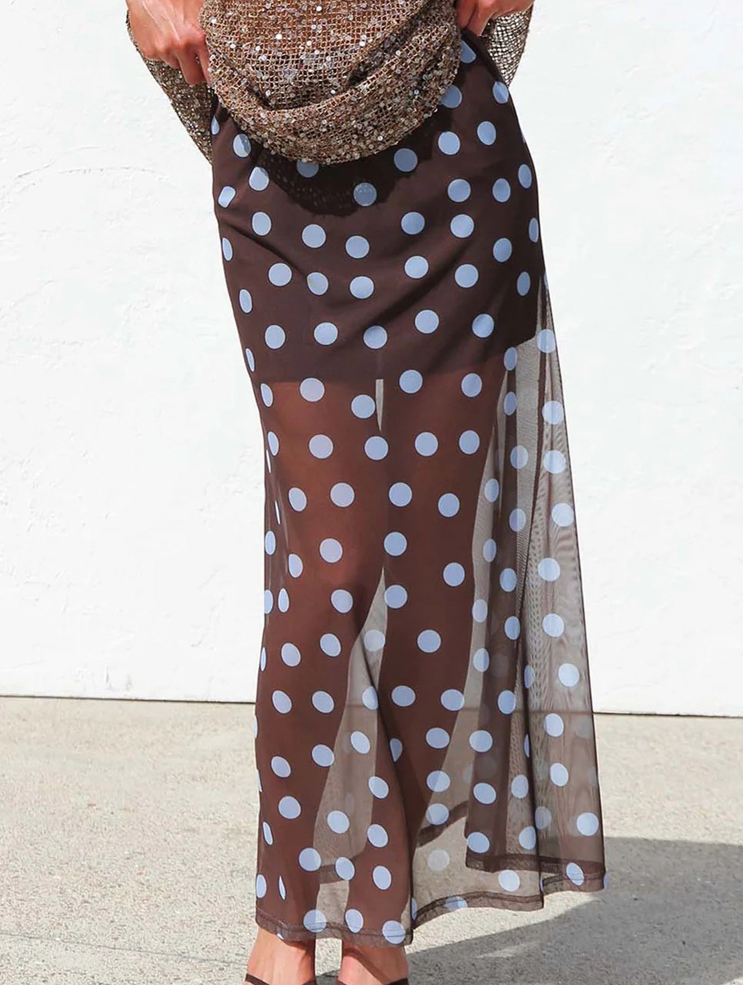 Mesh Polka Dot Print Midi Skirt