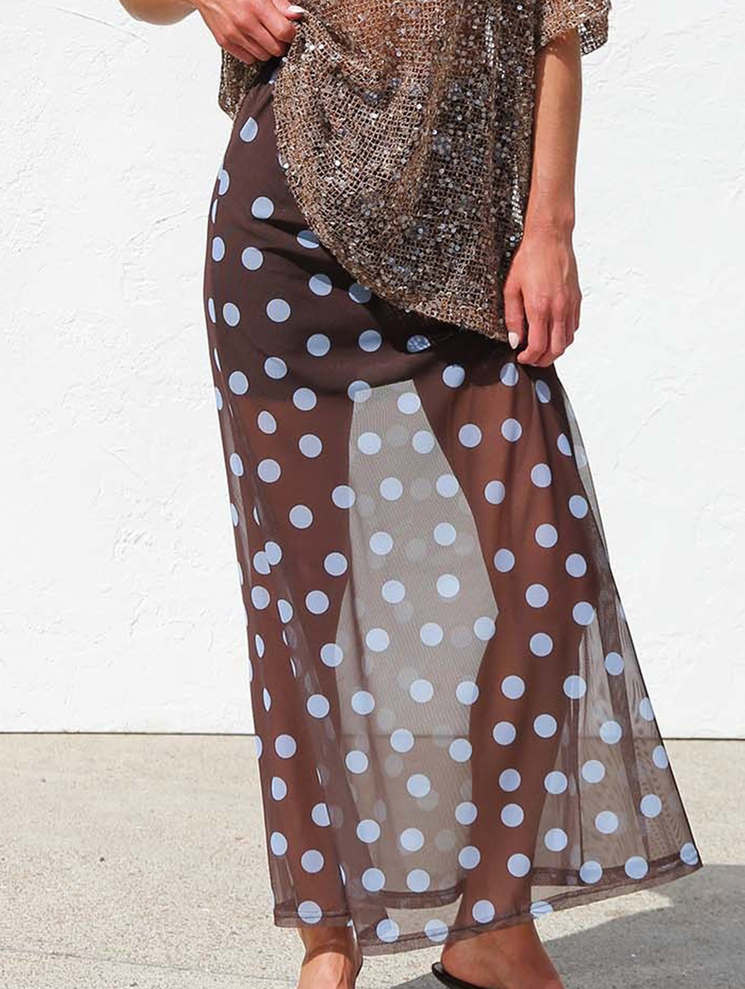 Mesh Polka Dot Print Midi Skirt