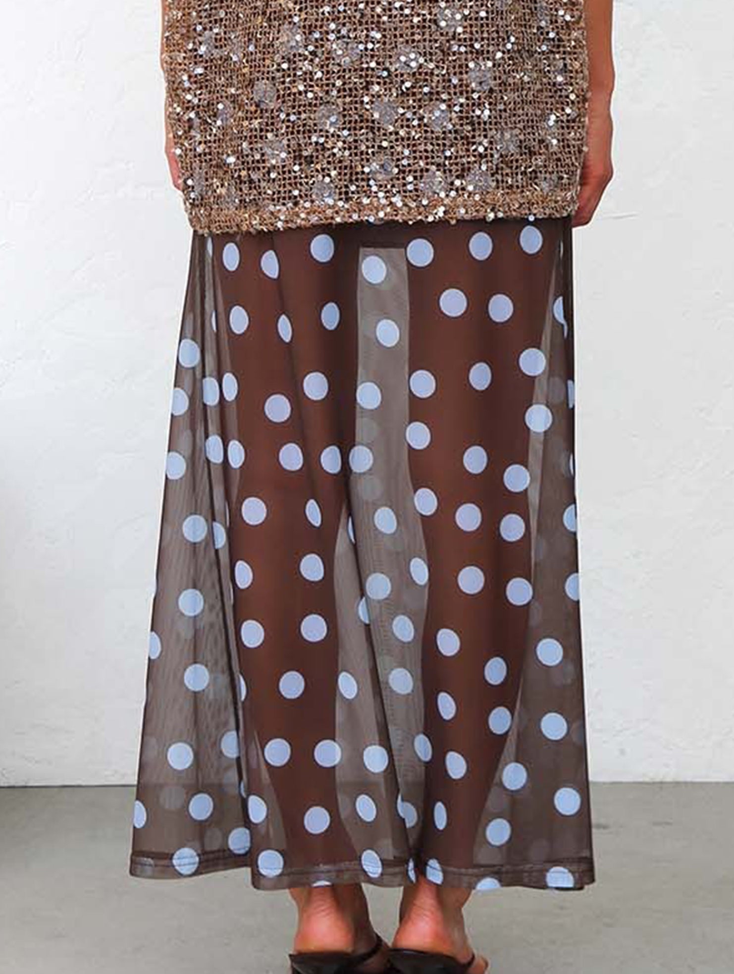 Mesh Polka Dot Print Midi Skirt