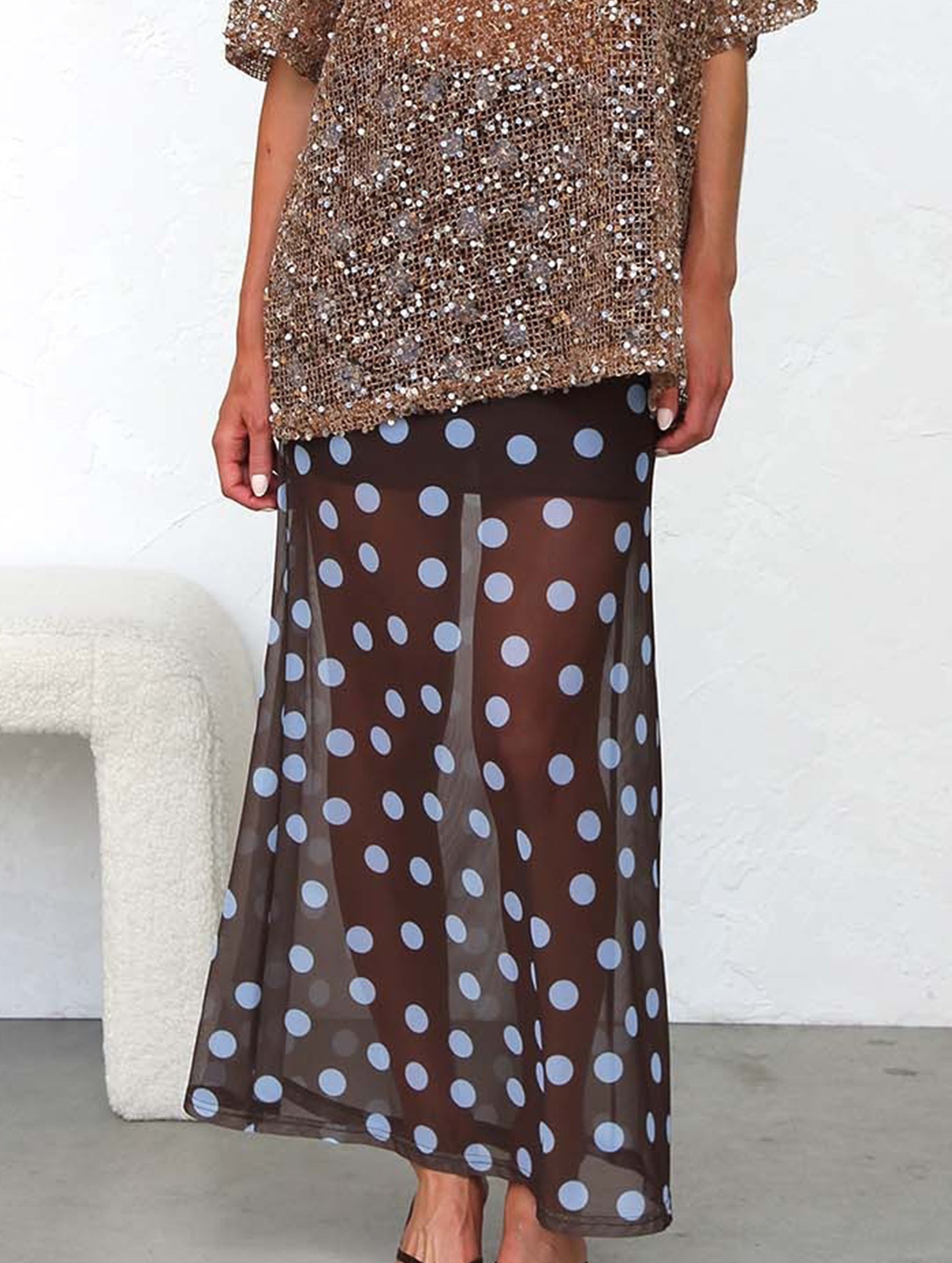 Mesh Polka Dot Print Midi Skirt