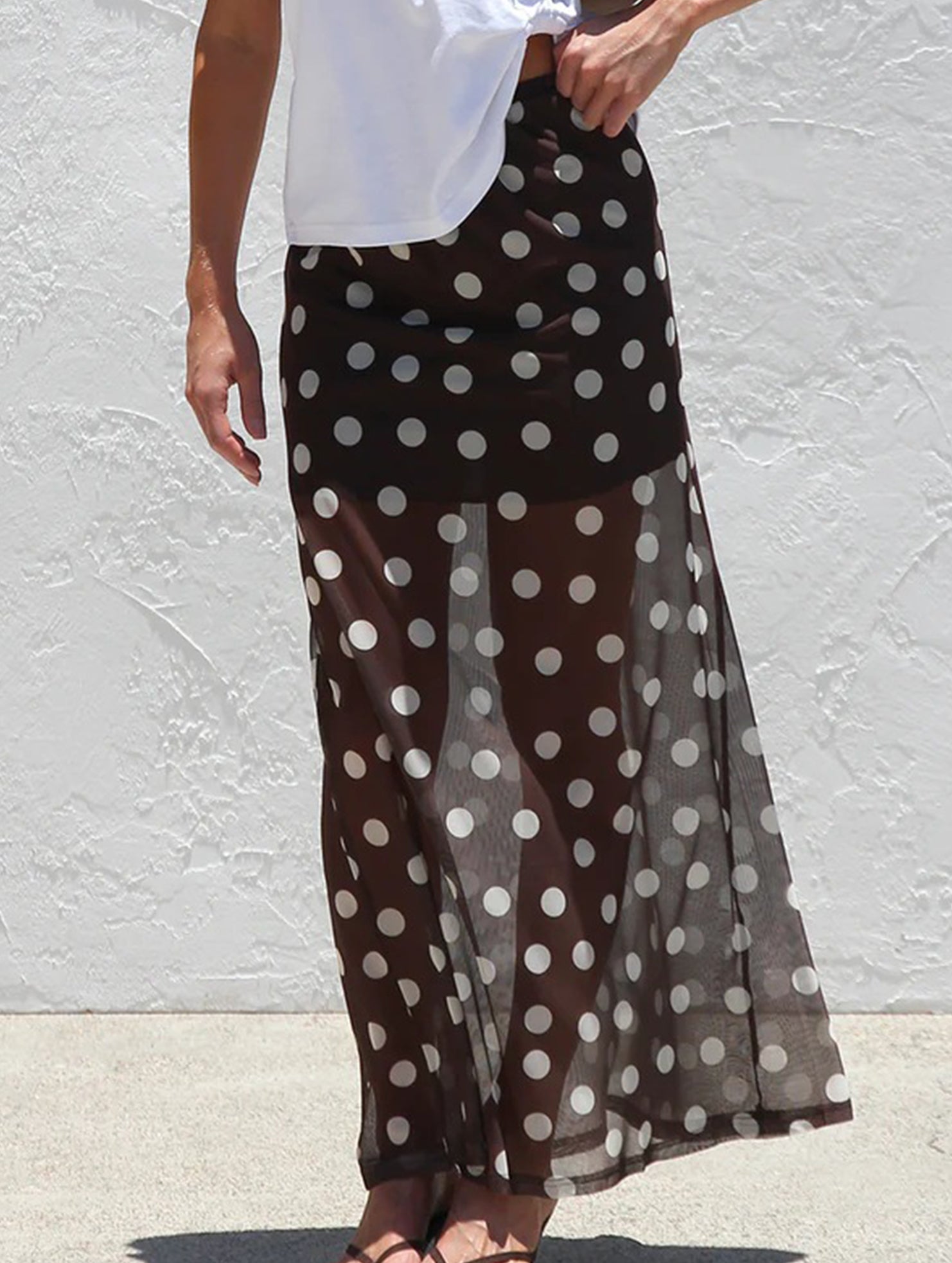 Mesh Polka Dot Print Midi Skirt