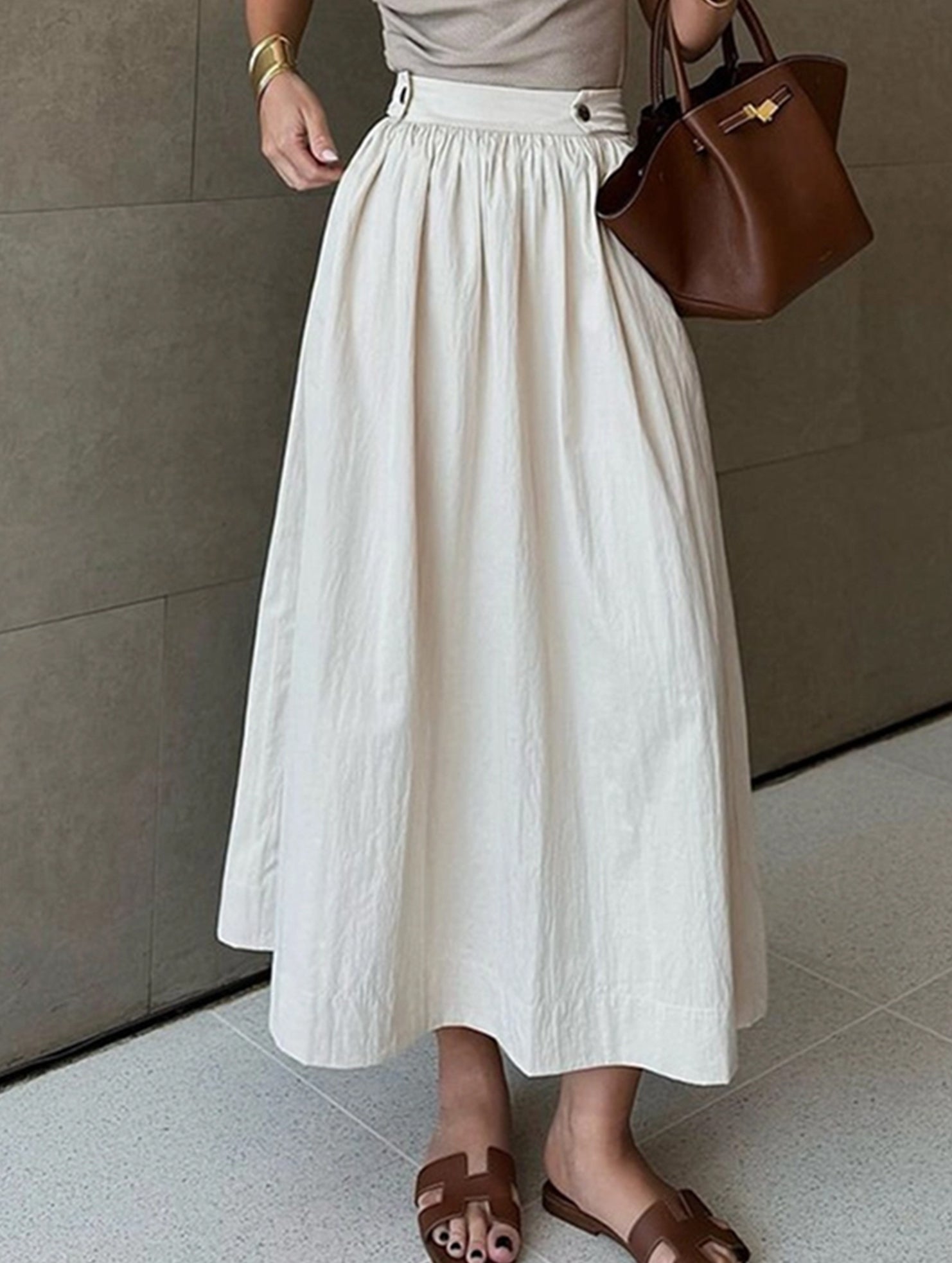 Solid Color Waist Drop Slimming Hemline Skirt ??Elegant Cotton Linen Midi Skirt