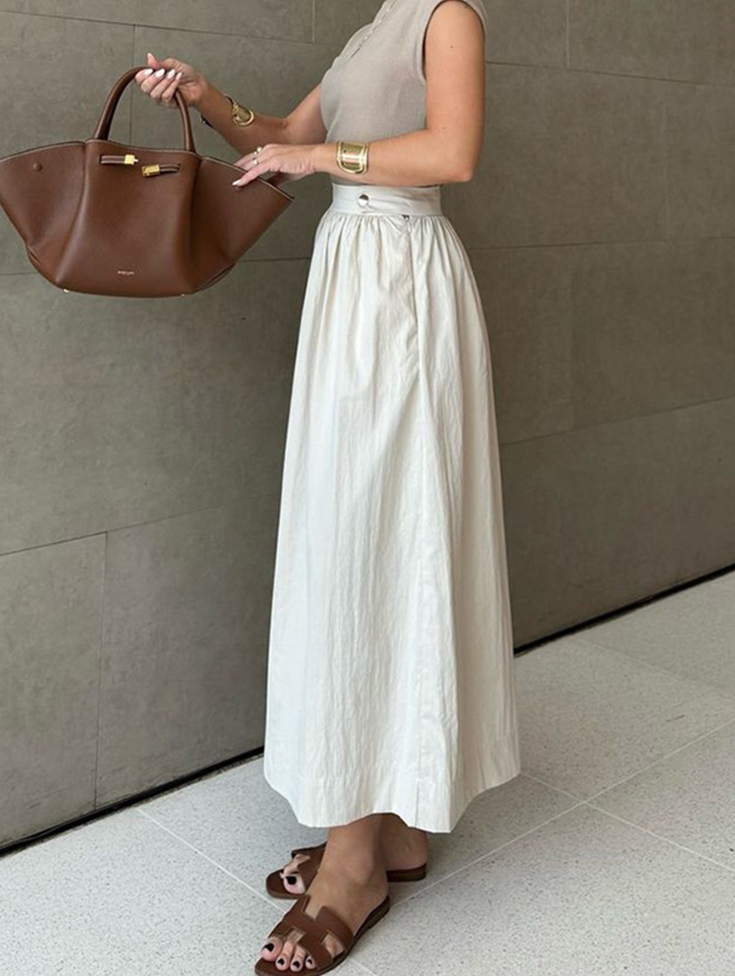 Solid Color Waist Drop Slimming Hemline Skirt ??Elegant Cotton Linen Midi Skirt