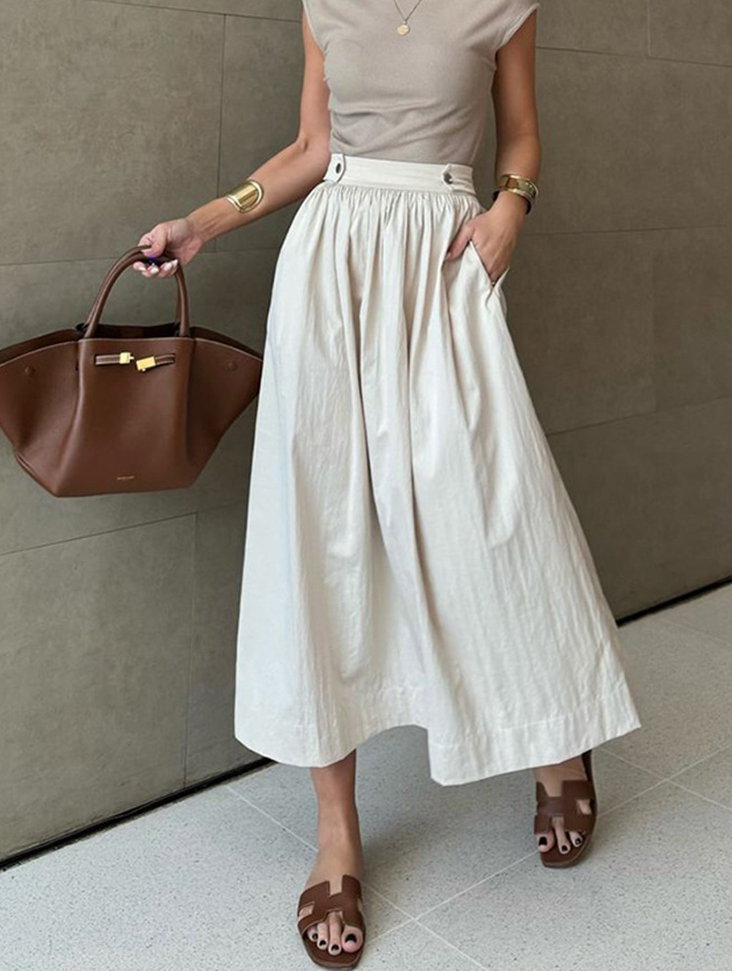 Solid Color Waist Drop Slimming Hemline Skirt ??Elegant Cotton Linen Midi Skirt